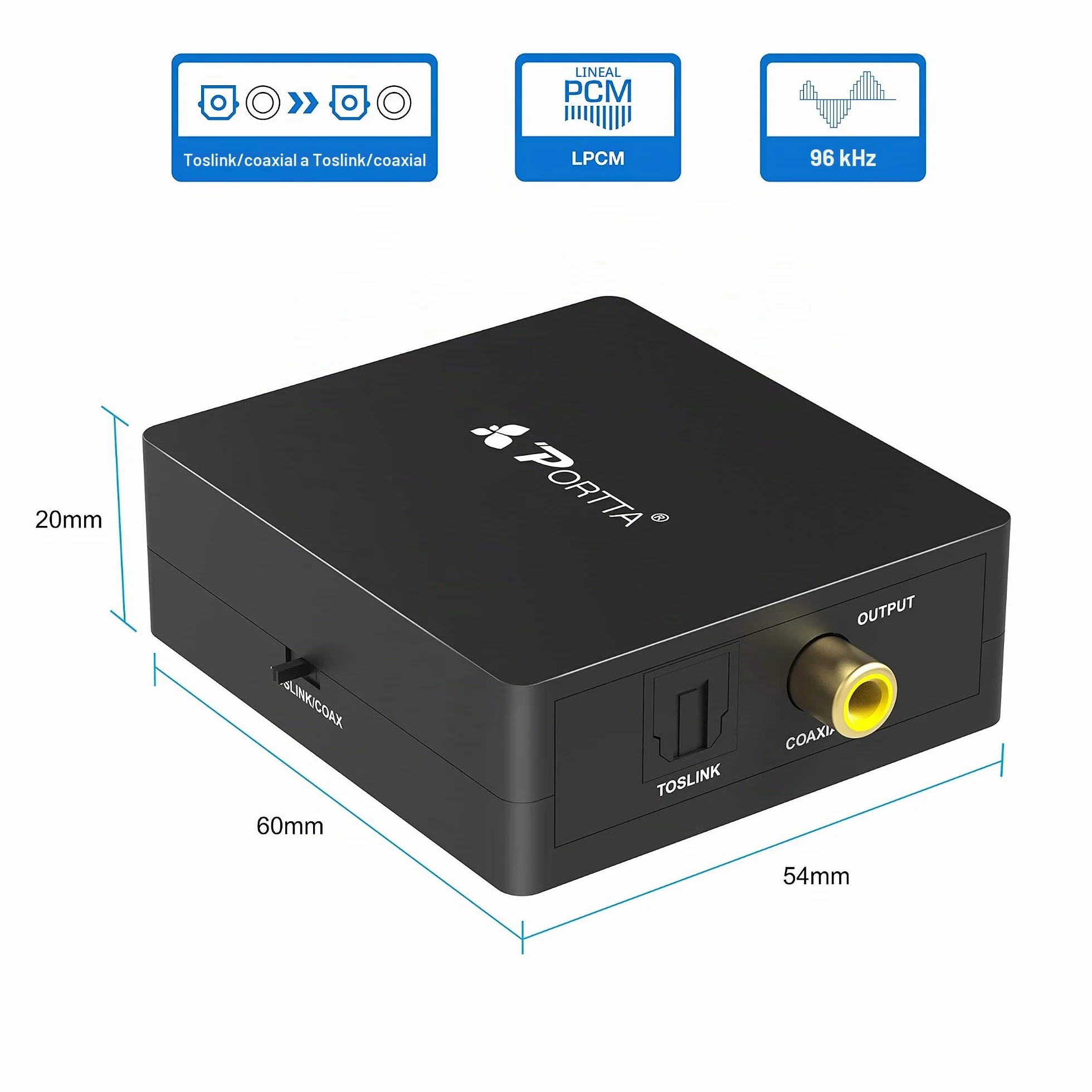 Portta Optical TOSLINK a Coaxial O Coaxial SPDIF a Toslink Convertidor de Audio Digital Bidireccional 2 vías SPDIF