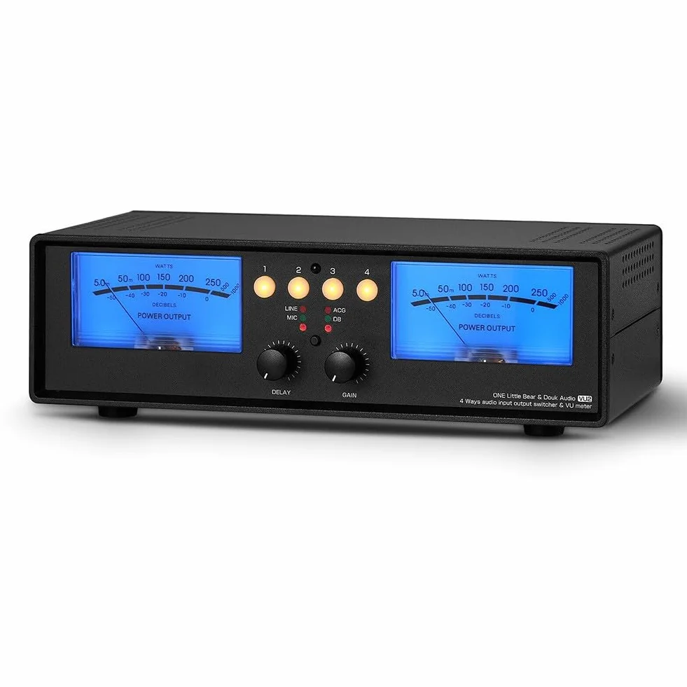 Analógico para medidor dual VU con micrófono de entrada y divisor de audio estéreo, caja de conmutación para oficina en casa, estudio, retroiluminación amarilla/azul
