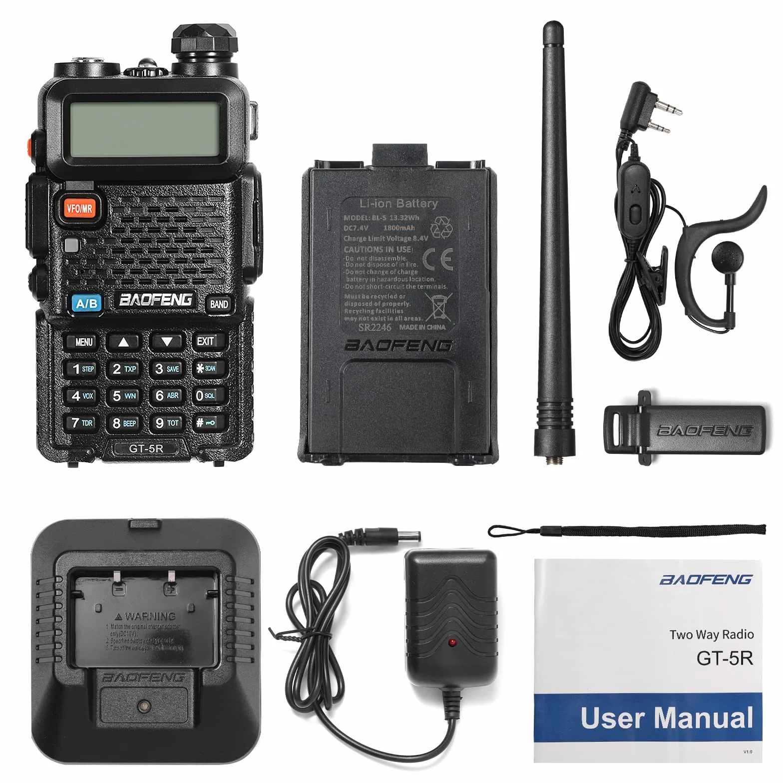 BAOFENG GT-5R Walkie Talkie actualizado Radio Bidireccional UHF VHF de Doble Banda Radio Amateur portátil de Largo Alcance con 144-146/430-440 MHz, 128 Canales, batería de 1800 mAh, Soporte Chirp