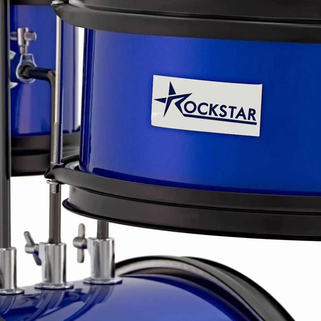 ROCKSTAR MUSIC - Batería Infantil de Madera para Jóvenes Músicos - Kit Completo de Percusión, Calidad Sonora Excepcional, Diseño Ergonómico - Incluye Asiento, Pedal de Bombo, Baquetas, Azul metalizado