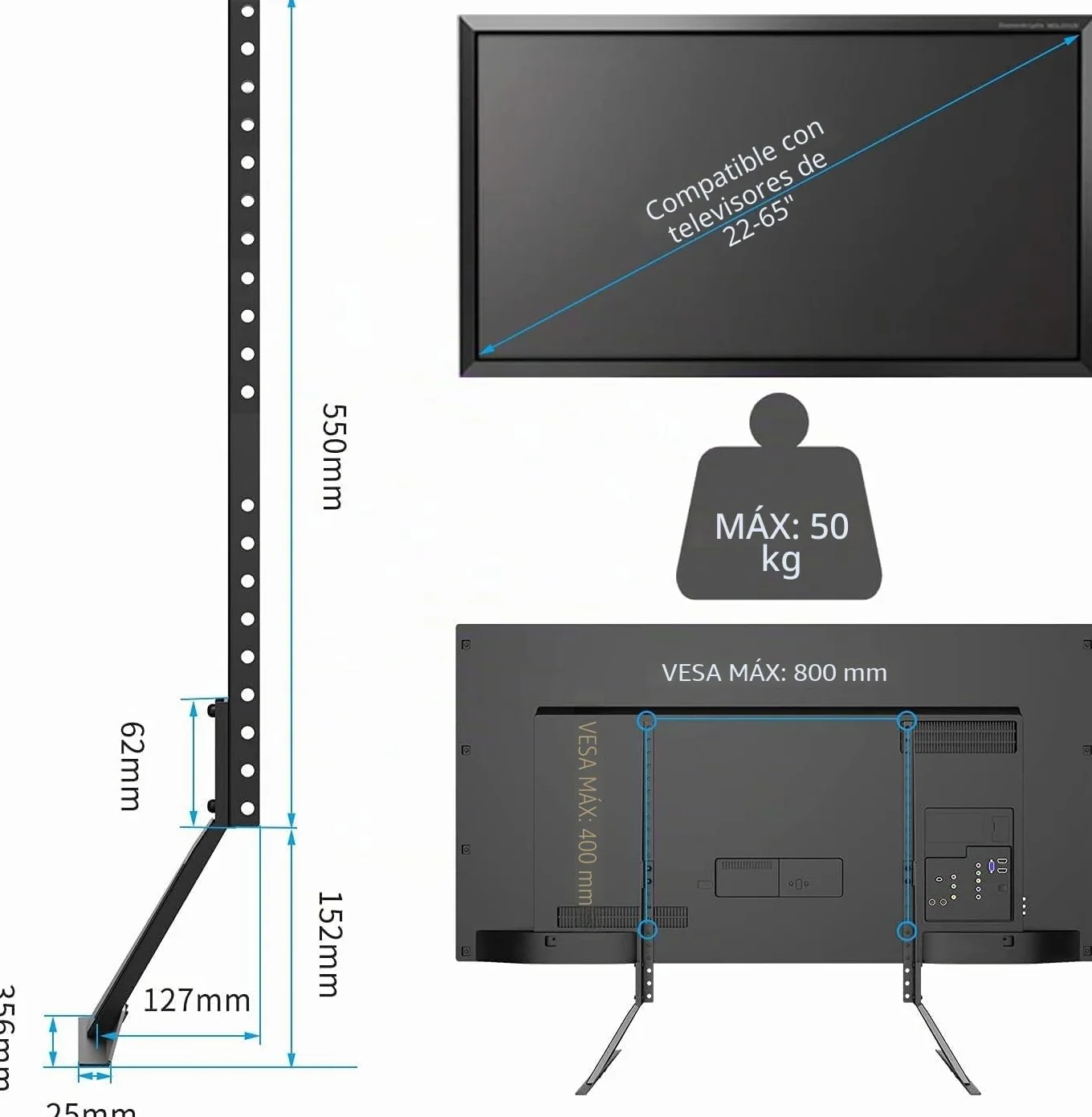 Suptek Soporte de Pie para TV 22-65" Universal Altura Ajustable 50kg VESA 800x400mm LED LCD Curvas