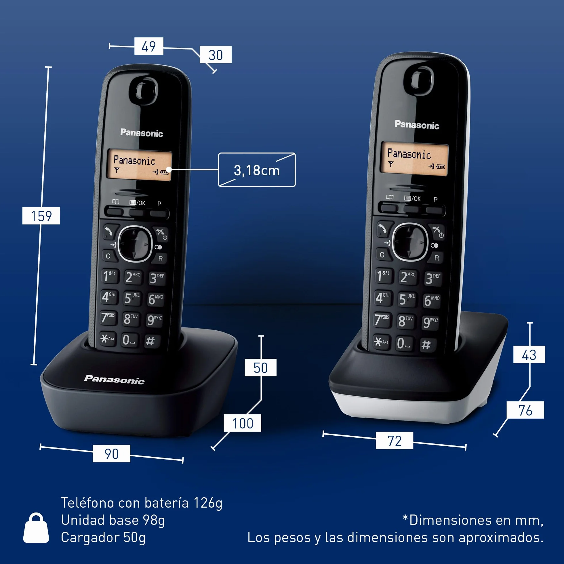 Panasonic KX-TG1612SP1 Teléfono Inalámbrico Digital DECT, Base y 2 Auriculares, Identificador Llamadas, LCD