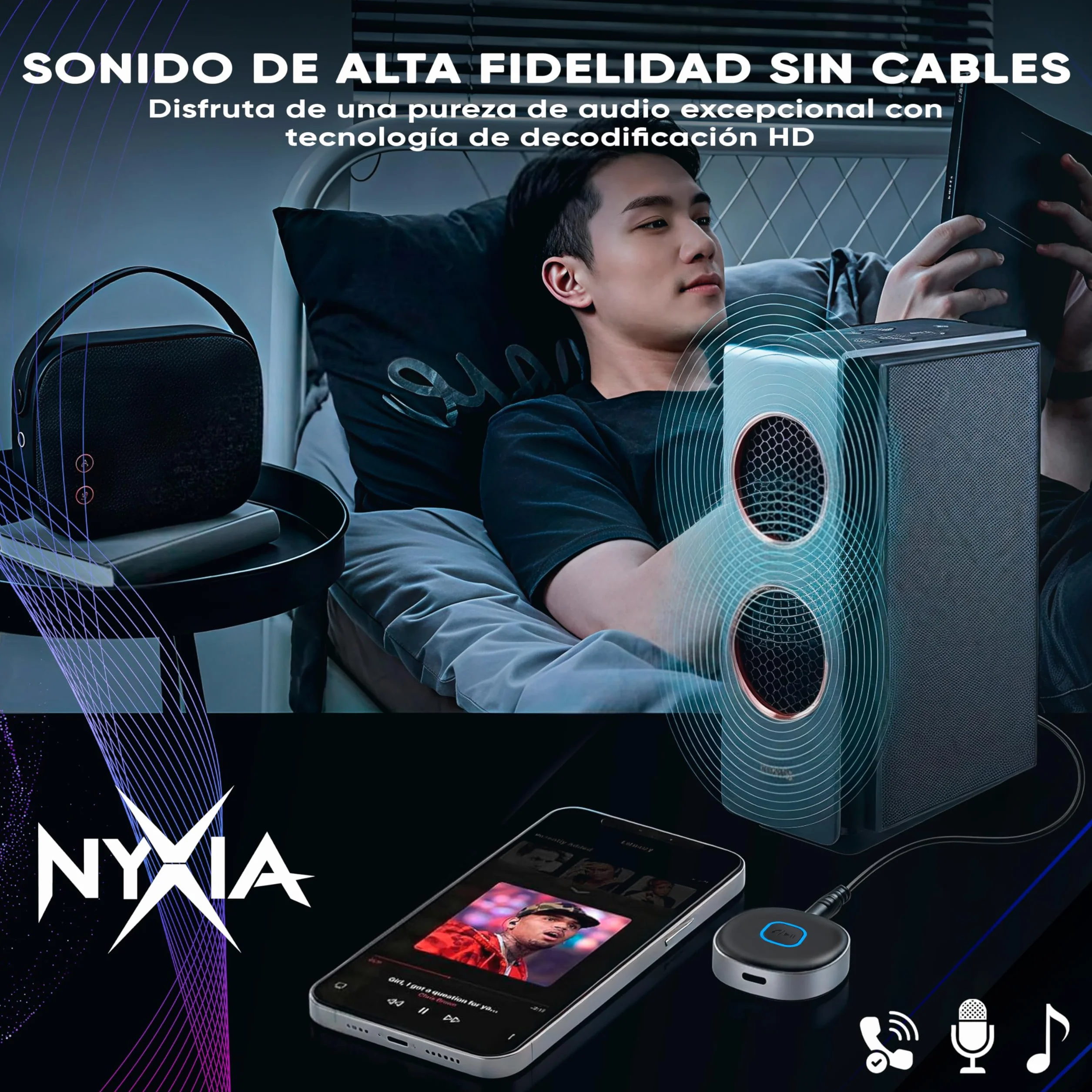 Nyxia® Receptor Bluetooth 5.4 Adaptador para Coche y AUX | Conexión Dual | Audio Jack 3.5 mm | Tiempo Reproducción 16H | para Altavoz | Estéreo Doméstico | Llamadas Manos Libres | Auriculares Cable.