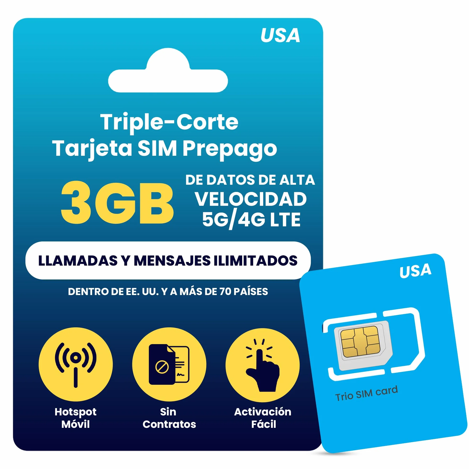 Tarjeta SIM Prepago Física H2O Wireless 30 Días Desde EE. UU. con 3GB de Datos 4G LTE/5G y 2GB de Hotspot, Datos Ilimitados, Llamadas y SMS a 70+ Países, SIM para Teléfonos Móviles en EE. UU