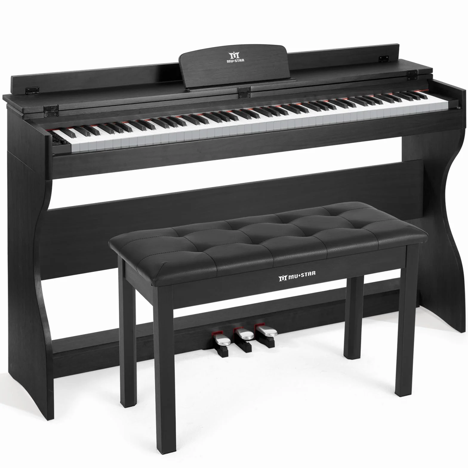 MUSTAR Piano electrónico de 88 teclas con taburete de piano, piano digital, piano eléctrico con soporte para piano, 3 adaptadores de pedales, 2 conectores para auriculares, pantalla LCD, USB/MIDI