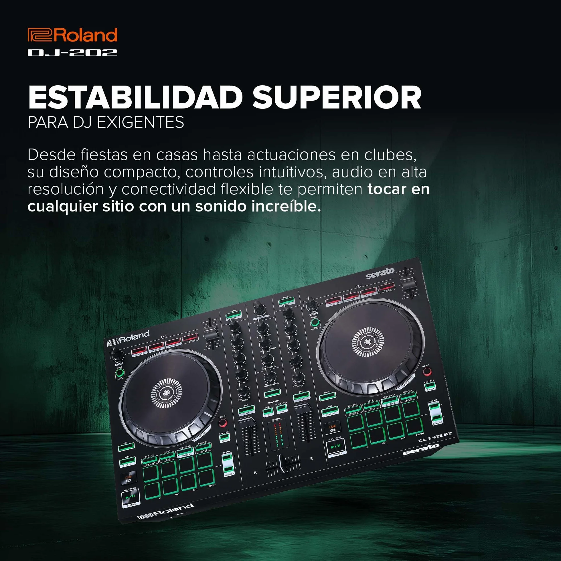 Roland DJ-202 Controlador de DJ compacto | Controlador de 4 decks y 2 canales para Serato DJ Lite | Platos grandes y de baja latencia | Míticos sonidos de baterías Roland | Compatible con Spotify