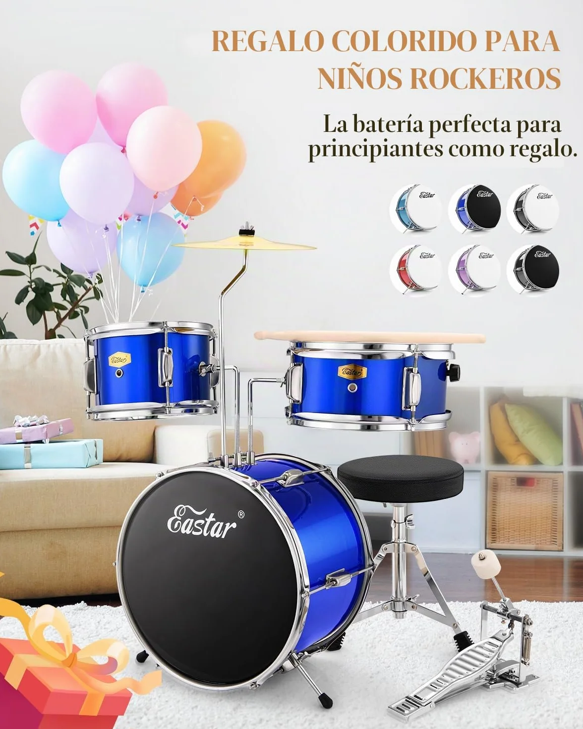 Eastar Batería Junior de 3 Piezas 14 Pulgadas, Juego de Batería para Niños con Trono, Platillo, Pedal y Baquetas, Azul EDS-180Bu