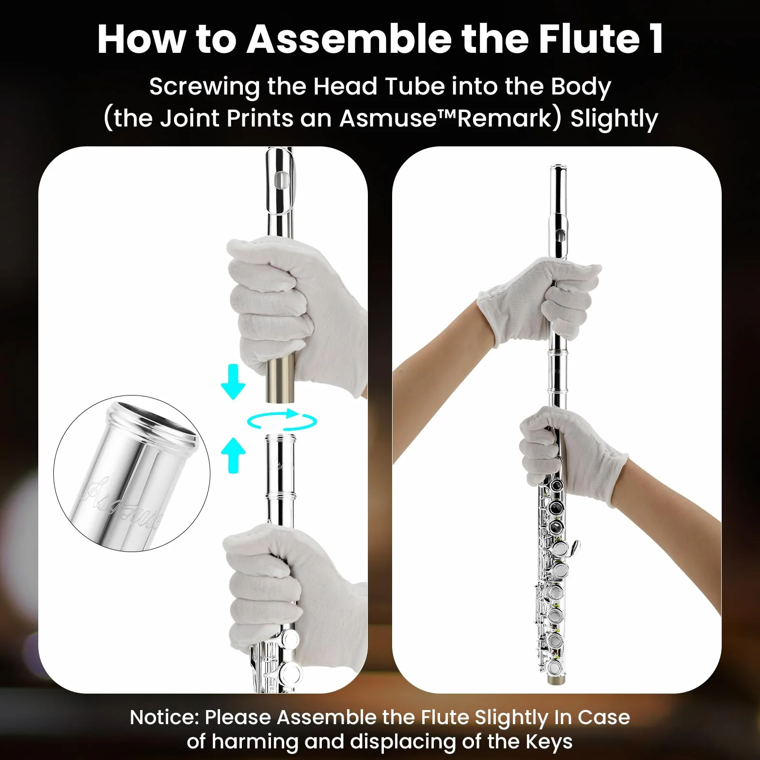Asmuse Flauta Travesera Plateada 16 Agujeros Cerrados C clave Flauta Escolar con Estuche, Paño de Limpieza y Guantes para Principiantes y Profesionales