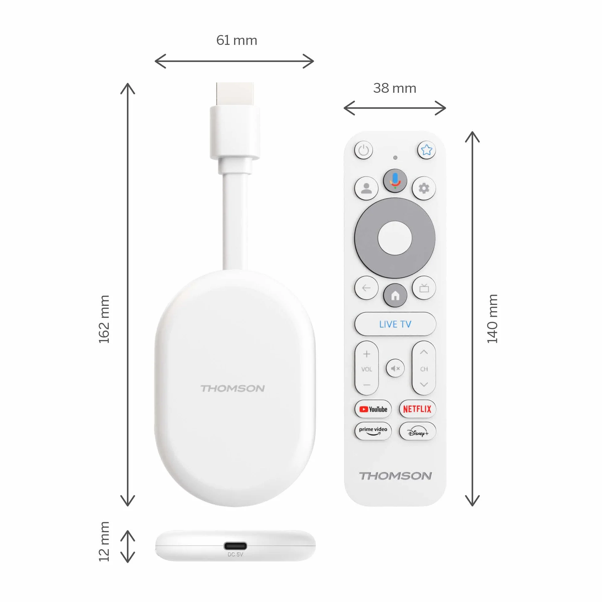 Thomson Go Cast 152 Dongle de Streaming, 4K UHD Google TV, Control por Voz, Google Cast, Dolby Atmos, Dolby Digital+, HDR10, Portátil, 2 GB RAM, 32 GB Memoria – Blanco