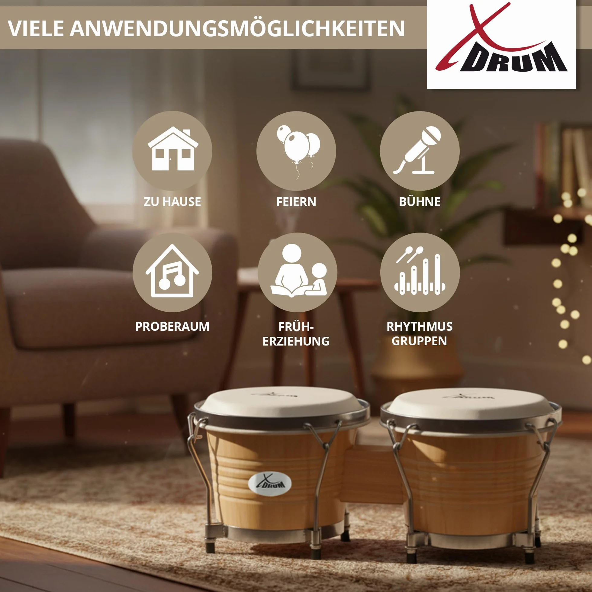 XDrum Bongos Pro Natur - 2 tambores con diámetros de 6,5" (17 cm) y 7,5" (20 cm) - Bongos con parches naturales afinables, llave de afinación y soporte - Tambores de madera en color natural