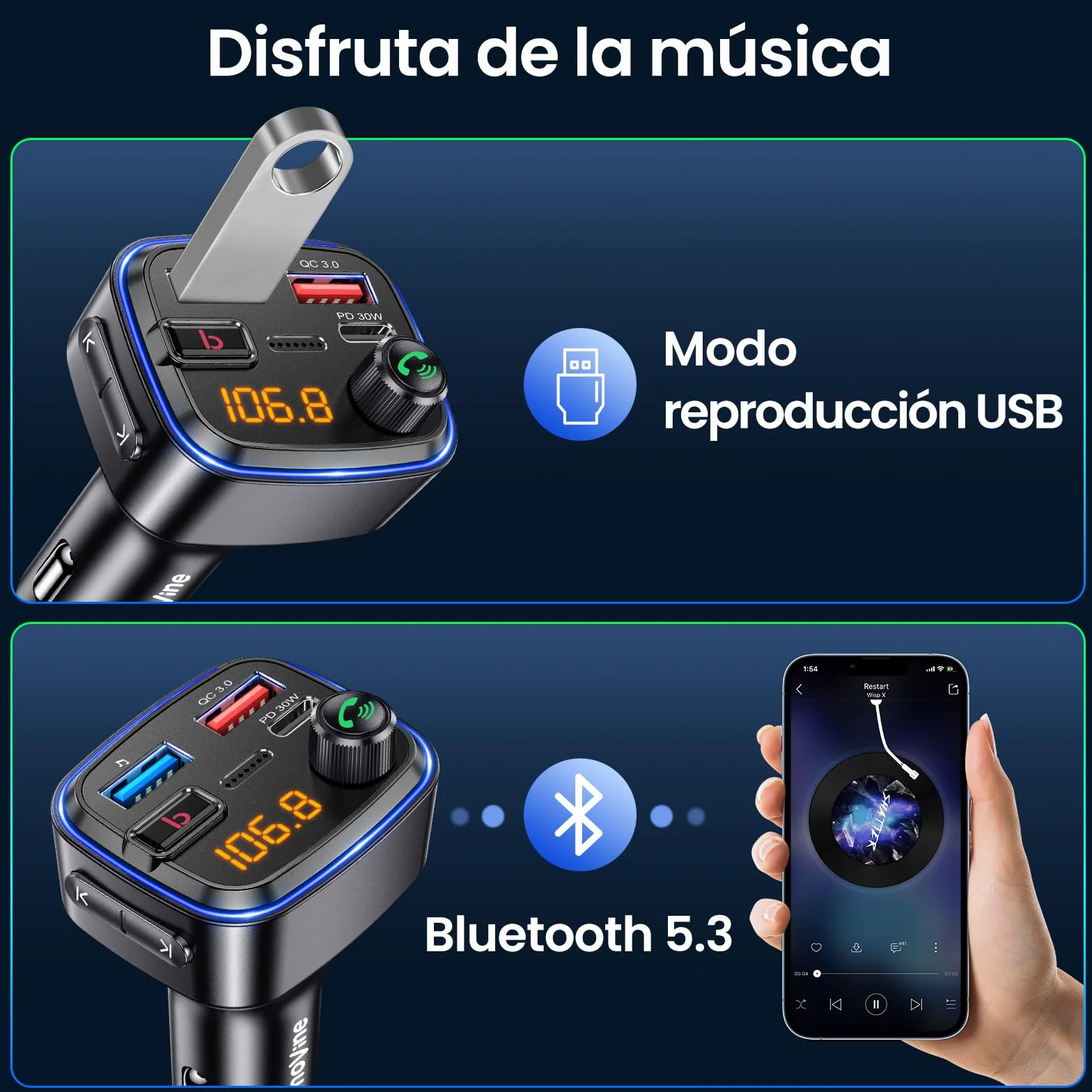 Gizmovine Transmisor FM Bluetooth Coche USB C PD 30W QC3.0 18W Manos Libres