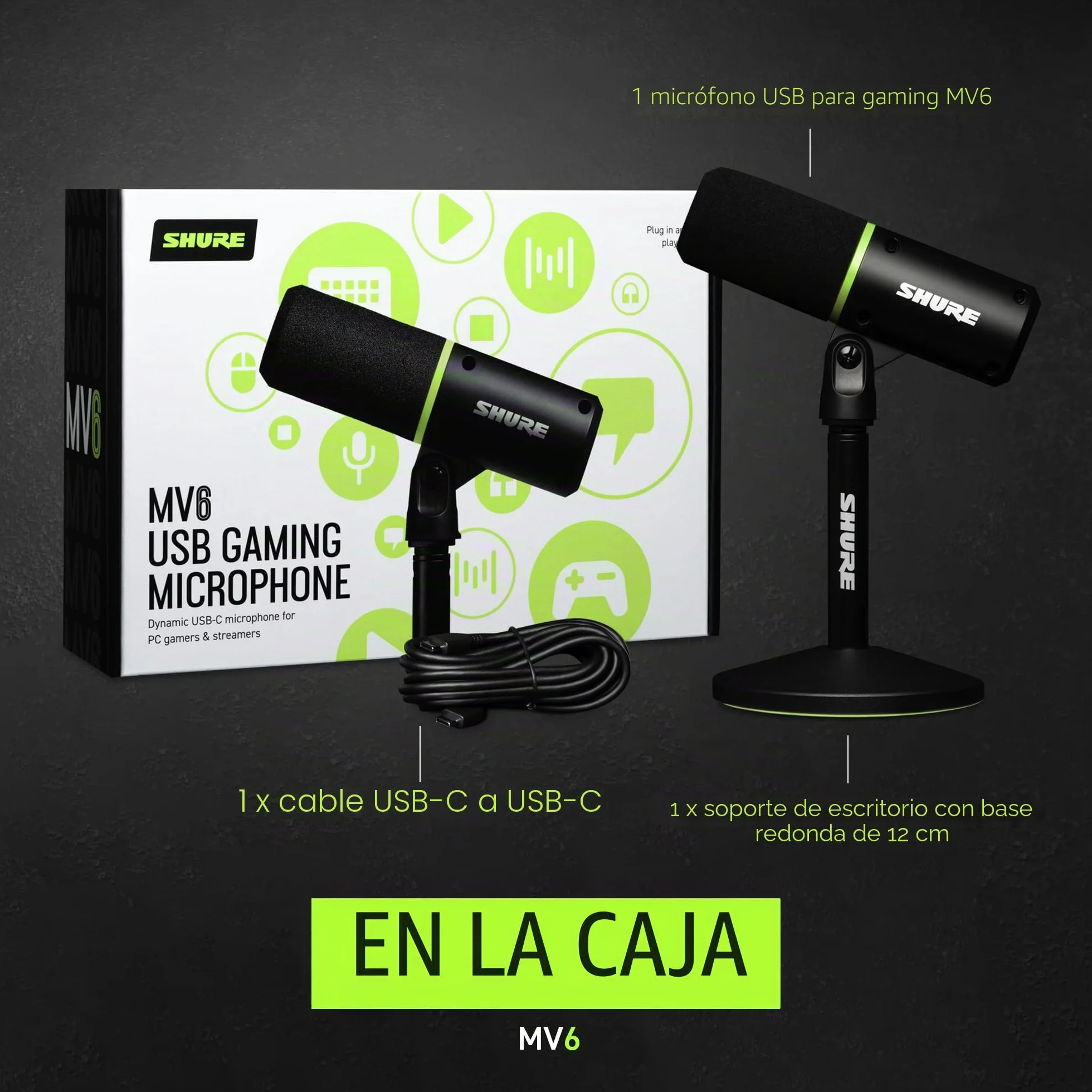 Shure MV6 Microfono par Juegos, Micrófono USB dinámico para PC para Juegos y Streaming - Soporte de Sobremesa de Base Redonda, Cancelación de Ruido de Fondo, Tap-to-Mute, 3.5mm Salida