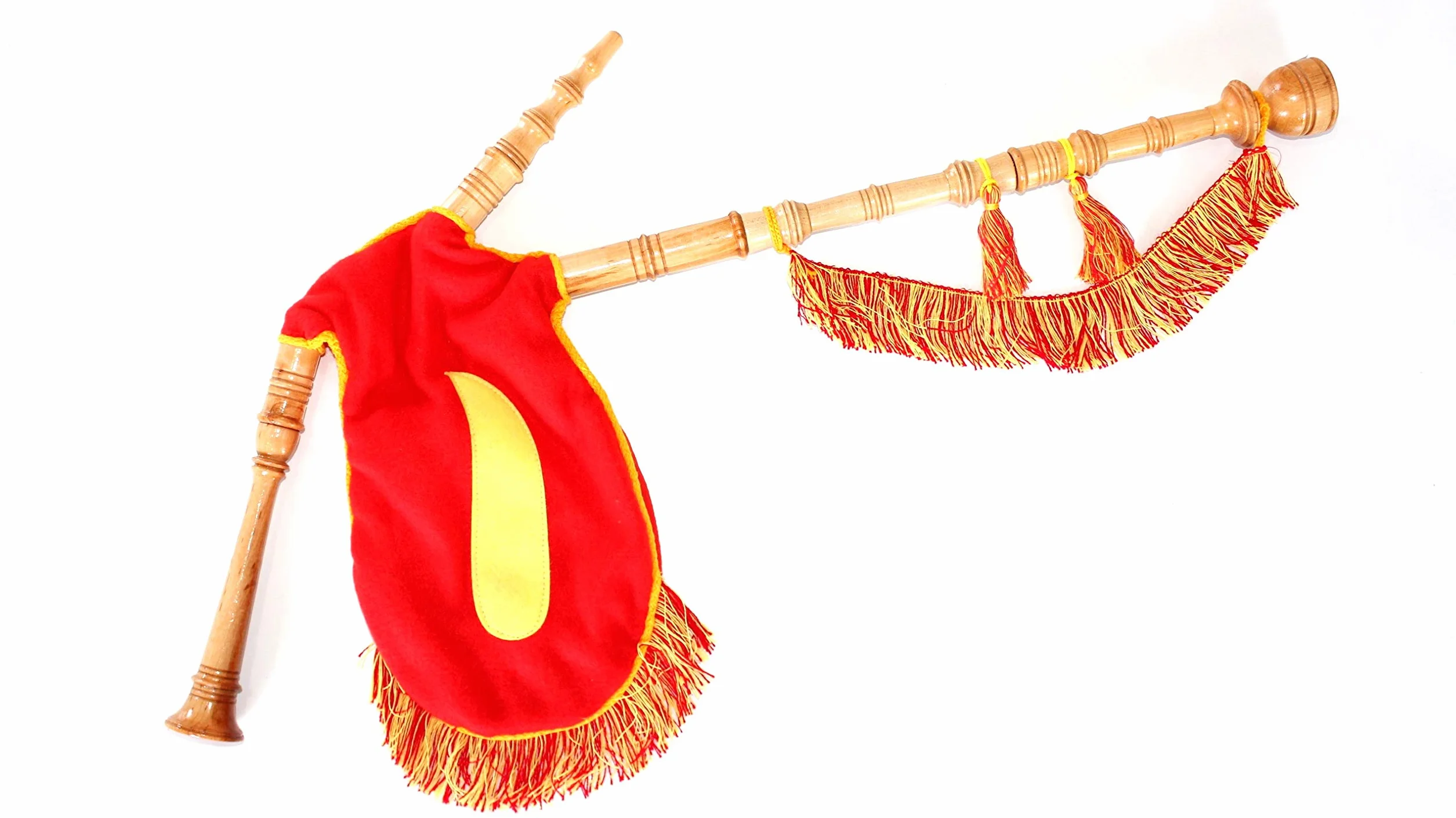 Gaita gallega Juguete, Fieltro Rojo lágrima Amarilla, Madera Fresno Lacado Natural, Fuelle Fieltro Rojo, Flecos Bandera española, Cordon Amarillo, para niños Que empiezan a Dar Sus primeras Notas.