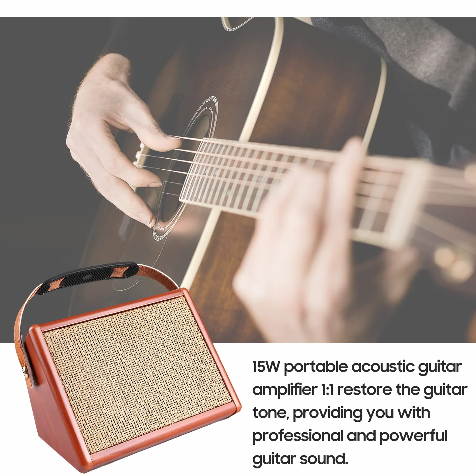 Amplificador de guitarra, AC-15 15 W, amplificador de guitarra acústica portátil, altavoz BT con entrada de micrófono, soporta volumen, graves, control de agudos, efecto de reverberación, batería