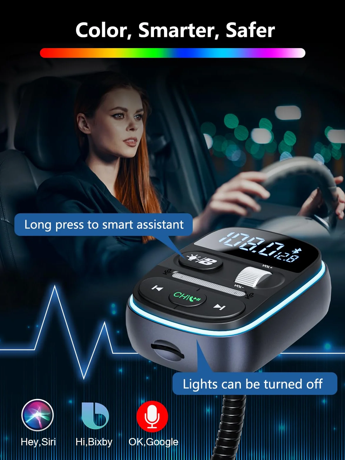 LENCENT Transmisor FM Bluetooth 5.0 para Coche, Adaptador Radio Carga Rápida PD 30W QC3.0, Manos Libres, Reproductor MP3 USB TF