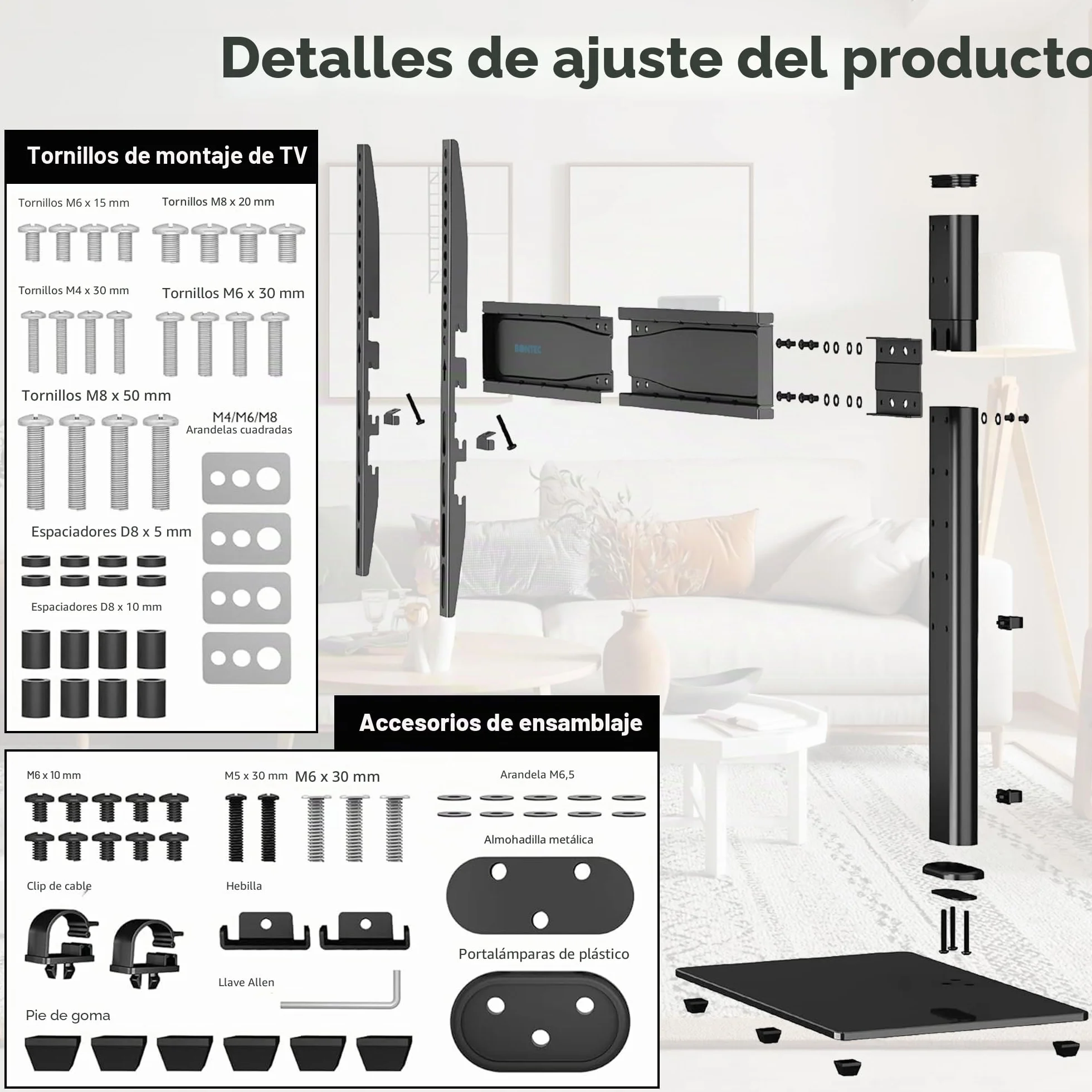 BONTEC Soporte TV Pie de Sobremesa Universal 32-65 Pulgadas Plasma Curva, Altura Ajustable 45 kg VESA 600x400 mm