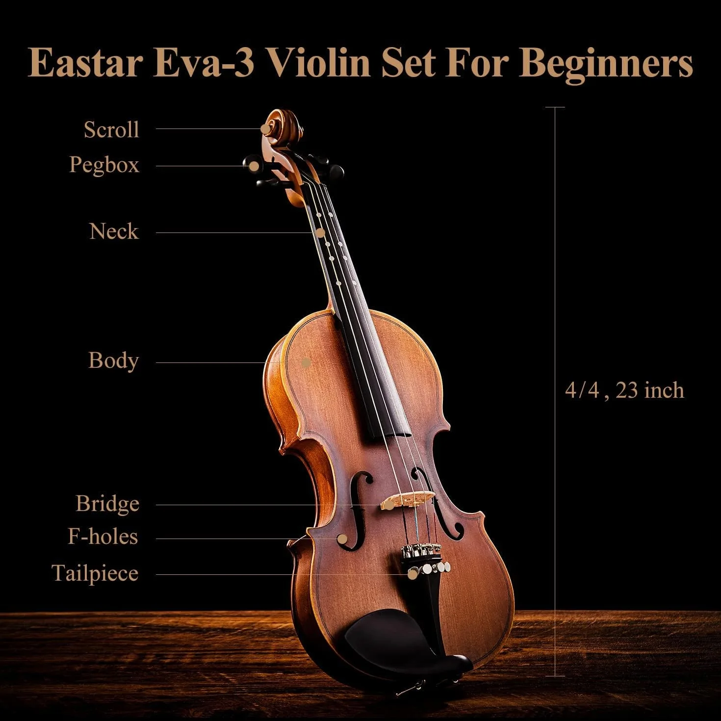 El violín Eastar EVA-3 4/4 de tamaño completo presenta un acabado mate y es adecuado para principiantes adultos. Incluye estuche rígido, hombrera, arco, afinadores y cuerdas de repuesto.