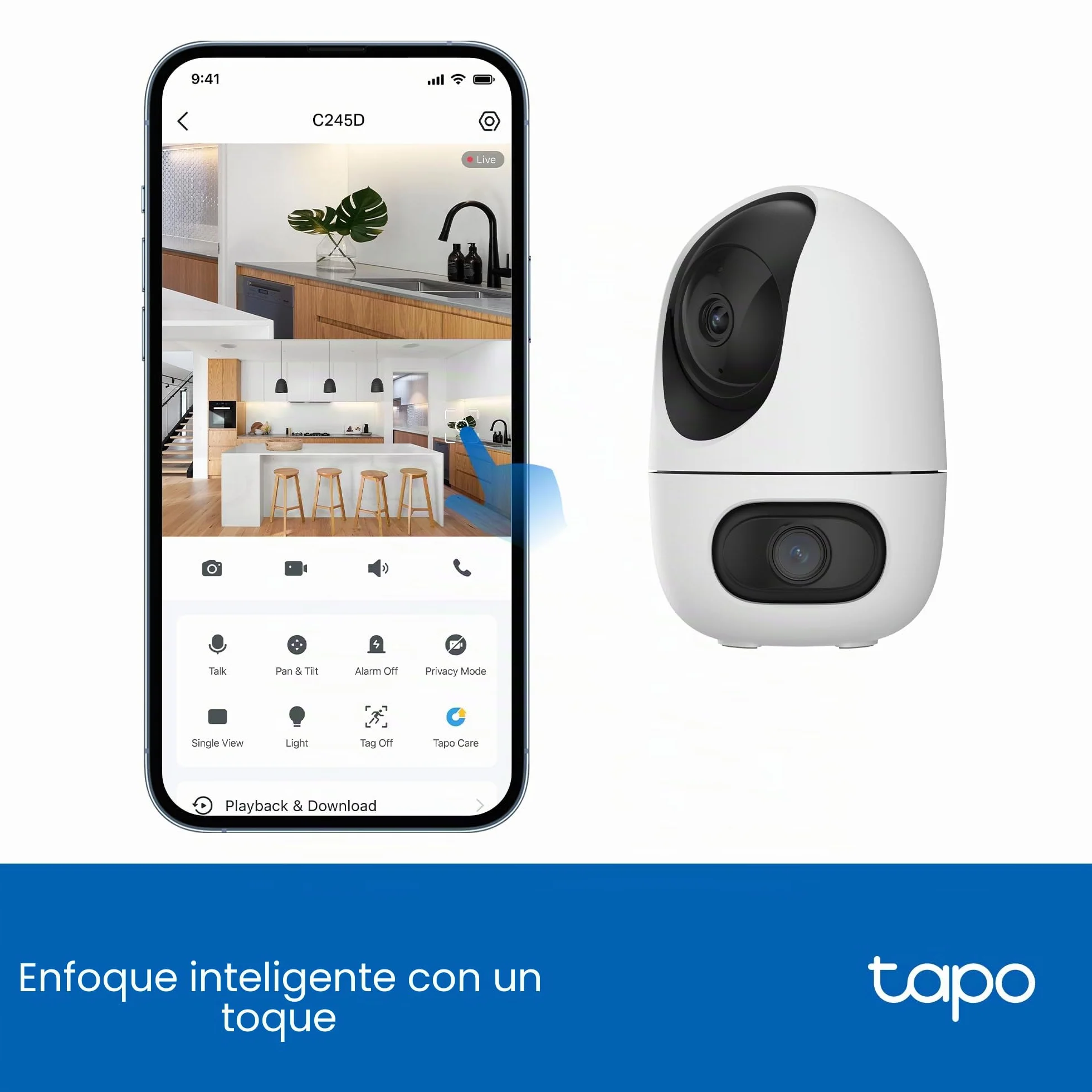 Tapo C245D Cámara de vigilancia WiFi Interior Doble Lente 2K Seguimiento automático 360° Detección IA Personas Mascotas Vehículos Visión Nocturna Audio bidireccional Almacenamiento Local