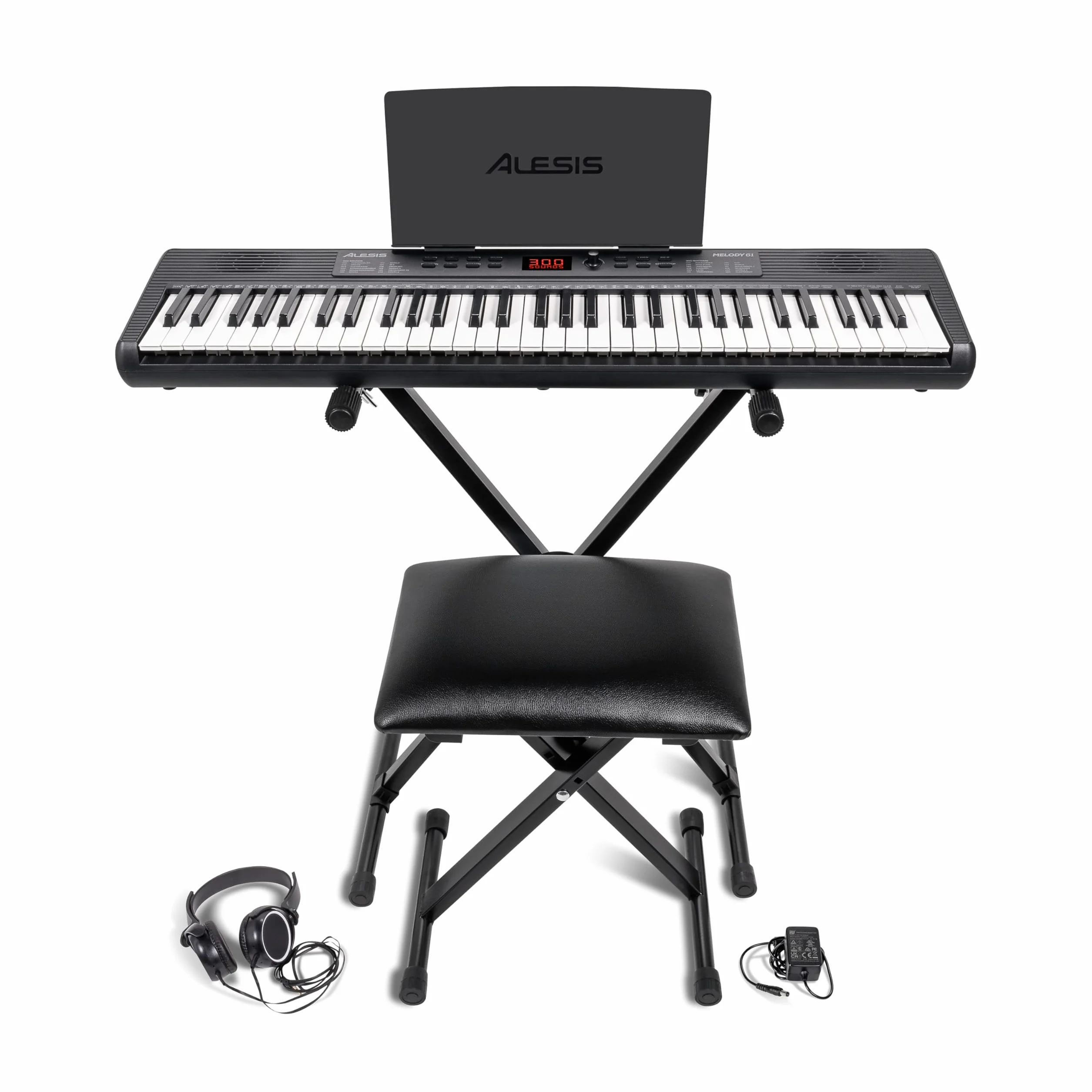 Alesis Melody 61 Teclado Piano Eléctrico para Principiantes con 61 Teclas, Altavoces, Soporte, Banqueta, Auriculares, 300 Sonidos y Lecciones de Música