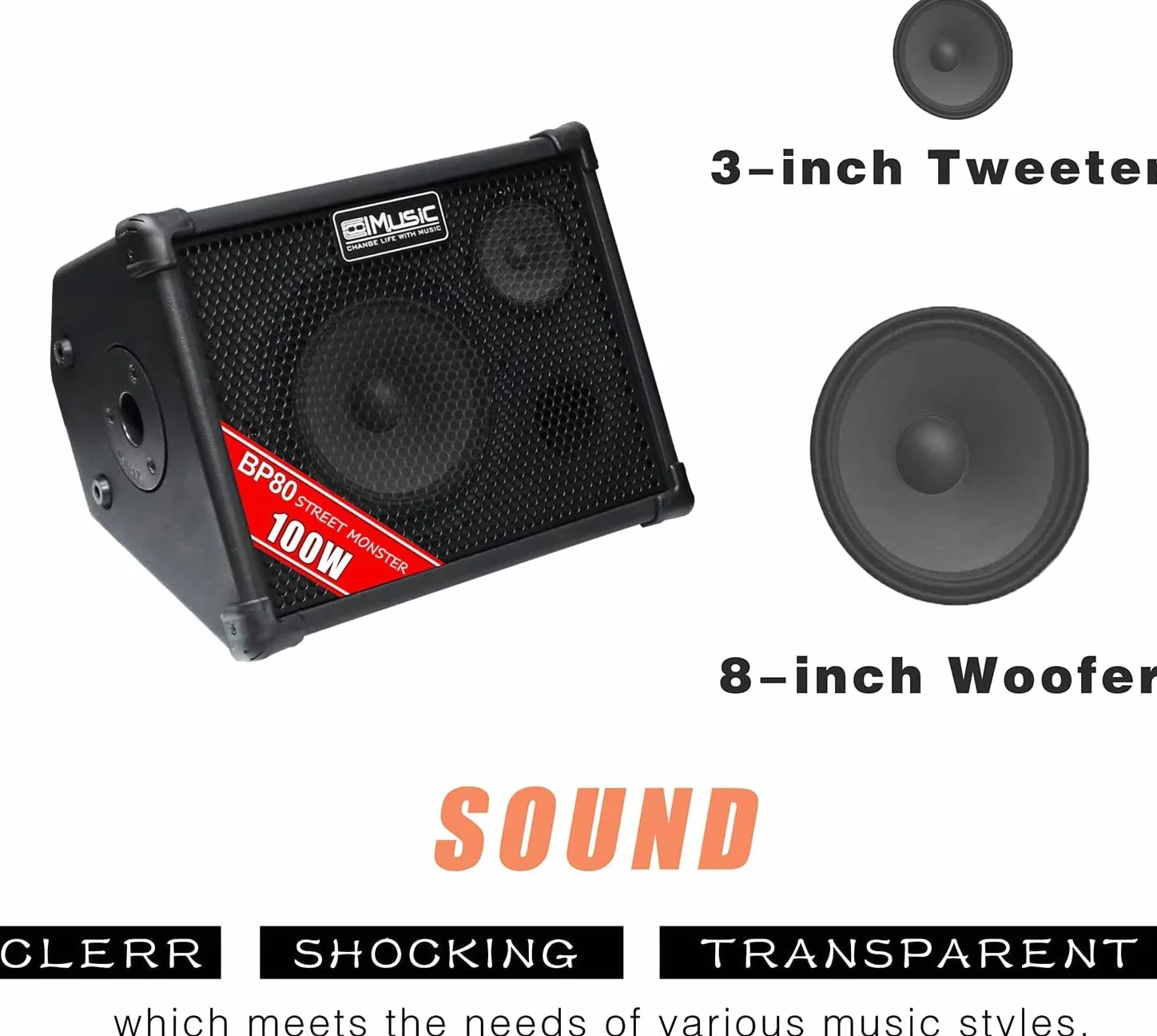 BP80 Amplificador de guitarra acústica con batería, altavoz portátil Bluetooth, 100 W, 6 entradas, ecualizador de 3 bandas, Negro