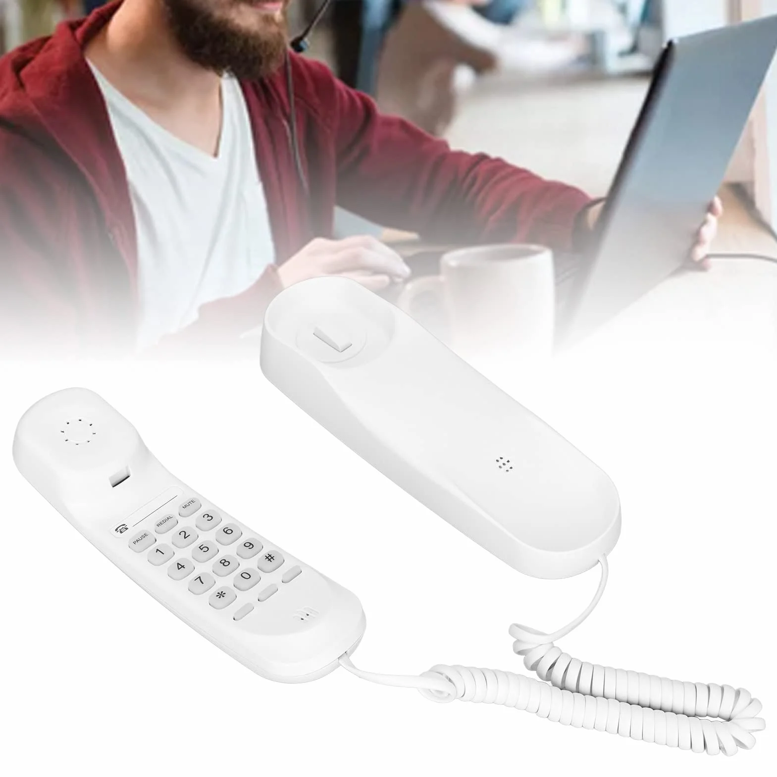 Teléfono alámbrico, Blanco pequeño Escritorio montable en la Pared teléfono de línea Fija con Cable, Soporte para Parpadeo, rellamada, Silencio, Pausa, para la Oficina Hotel Casa Escuela