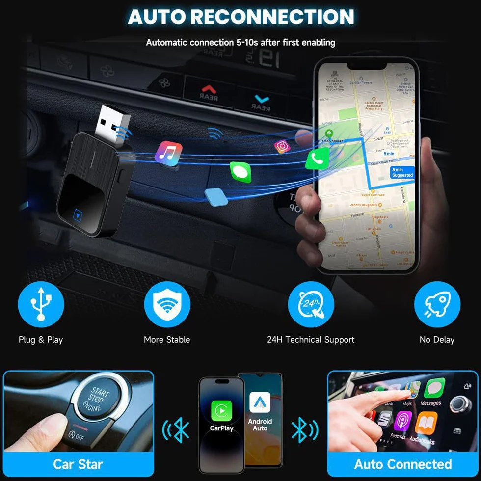 CarPlay Inalambrico para BMW X1 2018-2024, Adaptador 2 en 1 CarPlay con Conexion Automatica, Plug and Play Cable a Inalámbrico