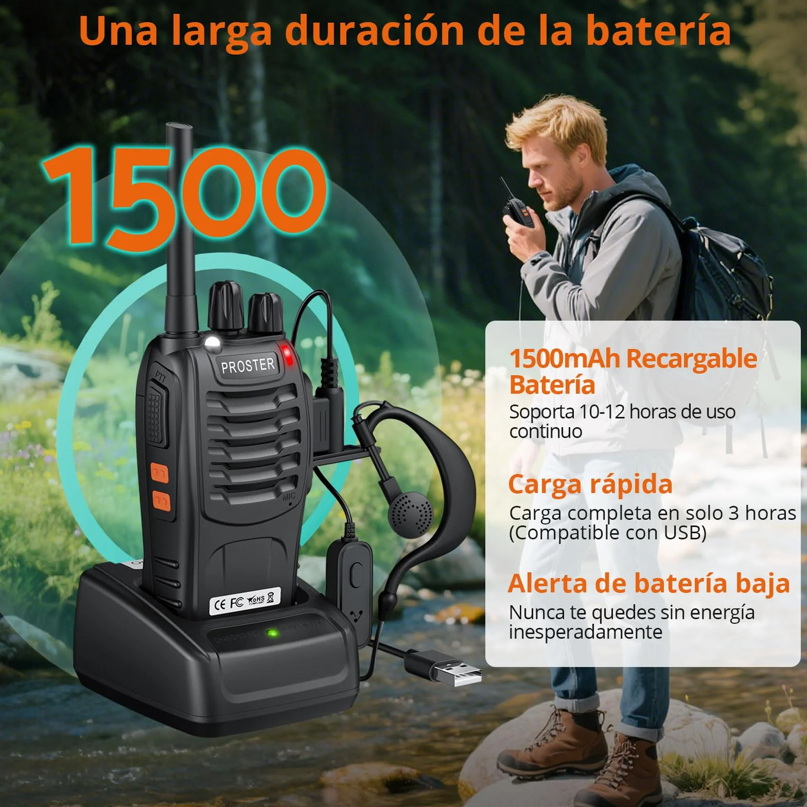Proster Walkies Talkies Recargable Walky Talky Profesionales 16 Canales CTCSS DCS Transmisores Receptores Radiocomunicación de Largo Alcance con Pinganillos y LED Linterna