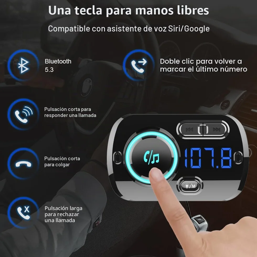 SONRU Upgrade Transmisor FM Bluetooth 5.3 Coche, Manos Libres para Vehículos, Reproductor MP3 Coche, Carga Rapida QC3.0 & PD 20W USB Portes, Apoyo Tarjeta TF, Salida AUX, SIRI/Google, Cable de 1.1M