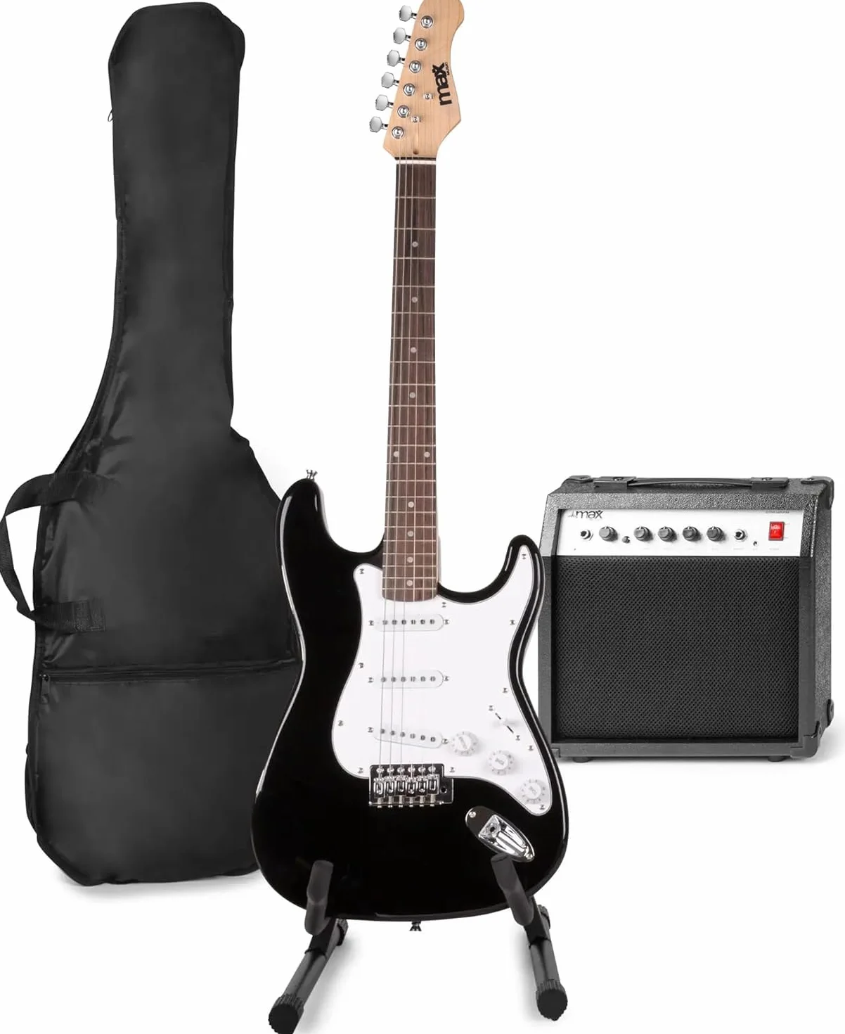 MAX GigKit Kit Guitarra Eléctrica – Kit con amplificador de 40W, soporte, funda acolchada, afinador digital, cable de instrumento, correa ajustable y accesorios – Negro