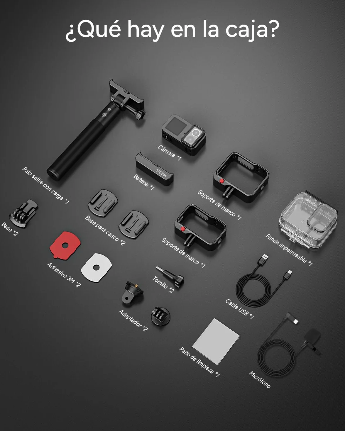 SJCAM SJ20 Micrófono Pack Cámara Deportiva-Doble Objetivo 4K con Palo Selfie de 8 h, Modo Super Nocturno, Zoom 8X, Action CAM Resistente al Agua para Viajes, Vlogs,Sin Tarjeta