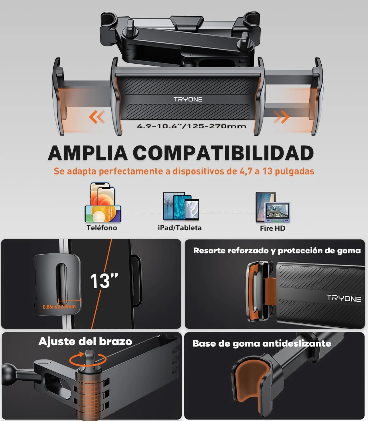 TRYONE Soporte Tablet Coche Reposacabezas Extensible 4.4-11 Pulgada iPad Samsung Galaxy Tabs Kindle Fire