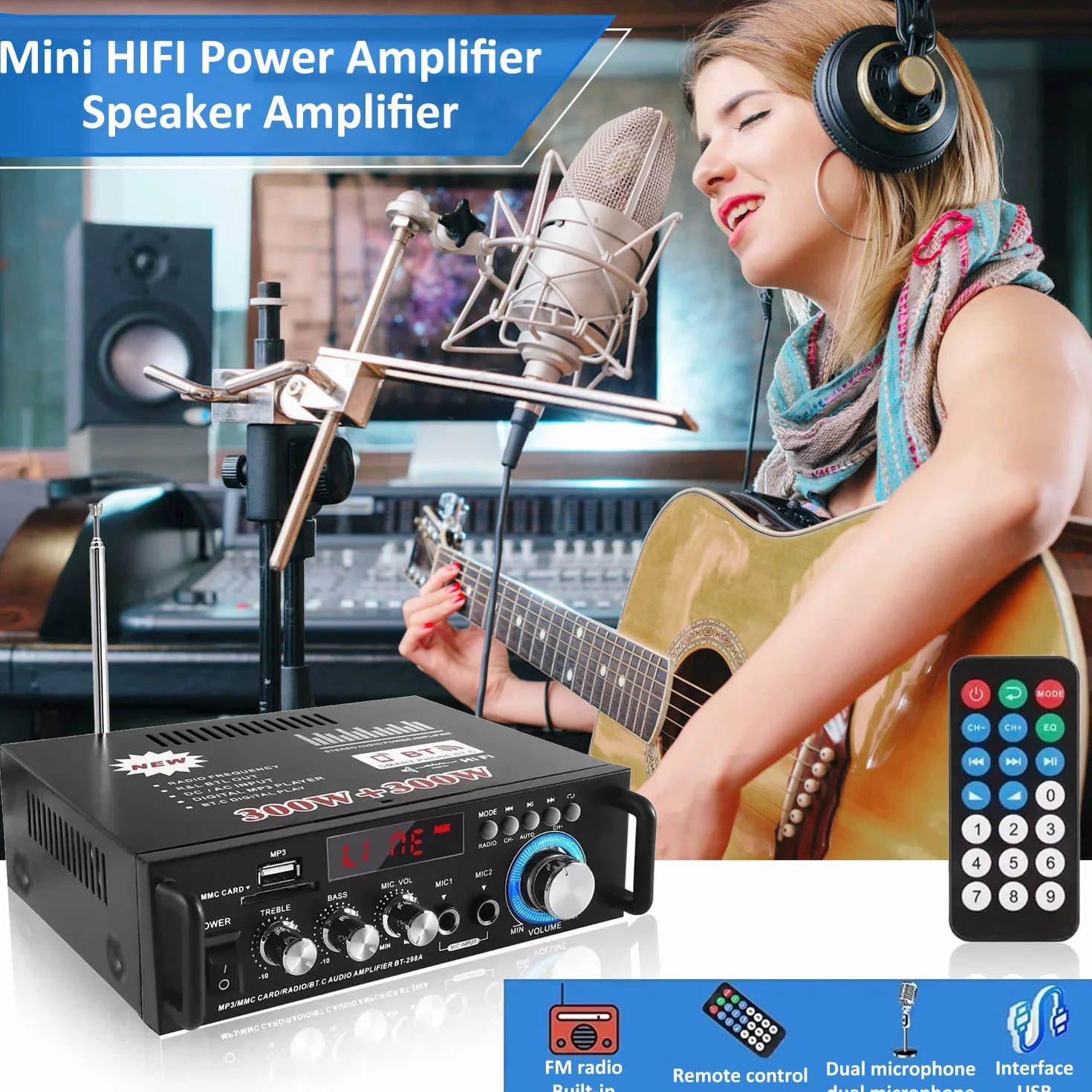 Amplificador Audio HiFi 600W con Bluetooth 5.0, 12V 220V 2 Canales, Pantalla LCD, Alta Fidelidad, Radio FM Portátil, SD Card/USB Input, para Hogar o Coche