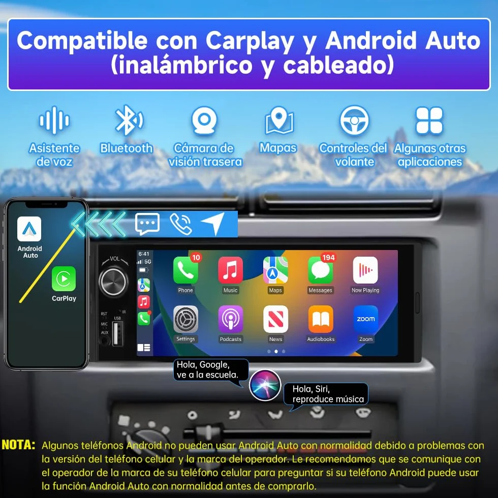 AWESAFE Universal 1 DIN Radio de Coche con Pantalla Táctil 6.36 Pulgadas, con CarPlay/AndroidAuto/Admite Carga Type-C/USB/Micrófono/FM/EQ/WiFi/GPS/Bluetooth/USB/SWC