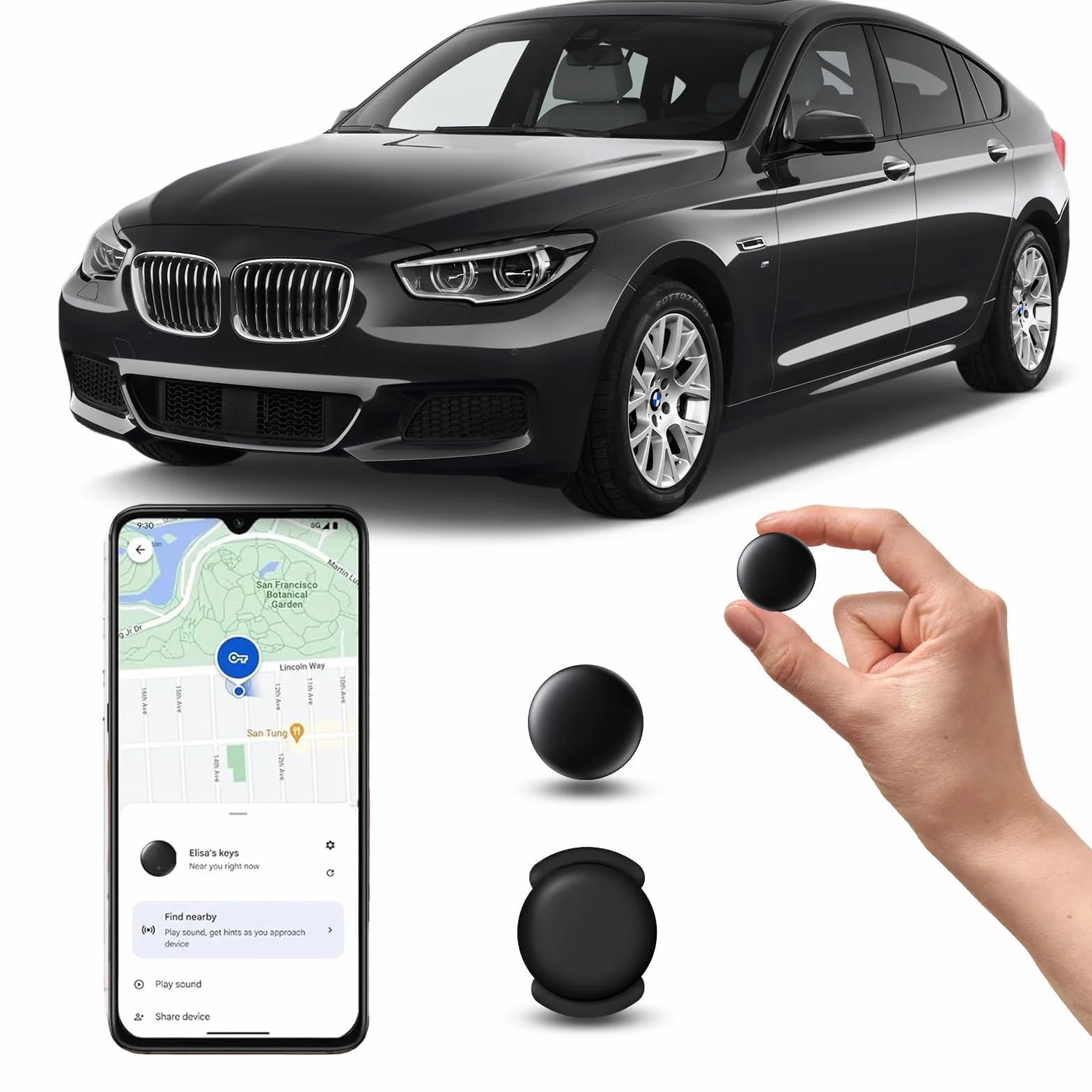 GPS Tracker Magnético Oculto para Coches sin Cuota Mensual, no SIM, Seguimiento en Tiempo Real, Compatible con Google Find My (Negra)