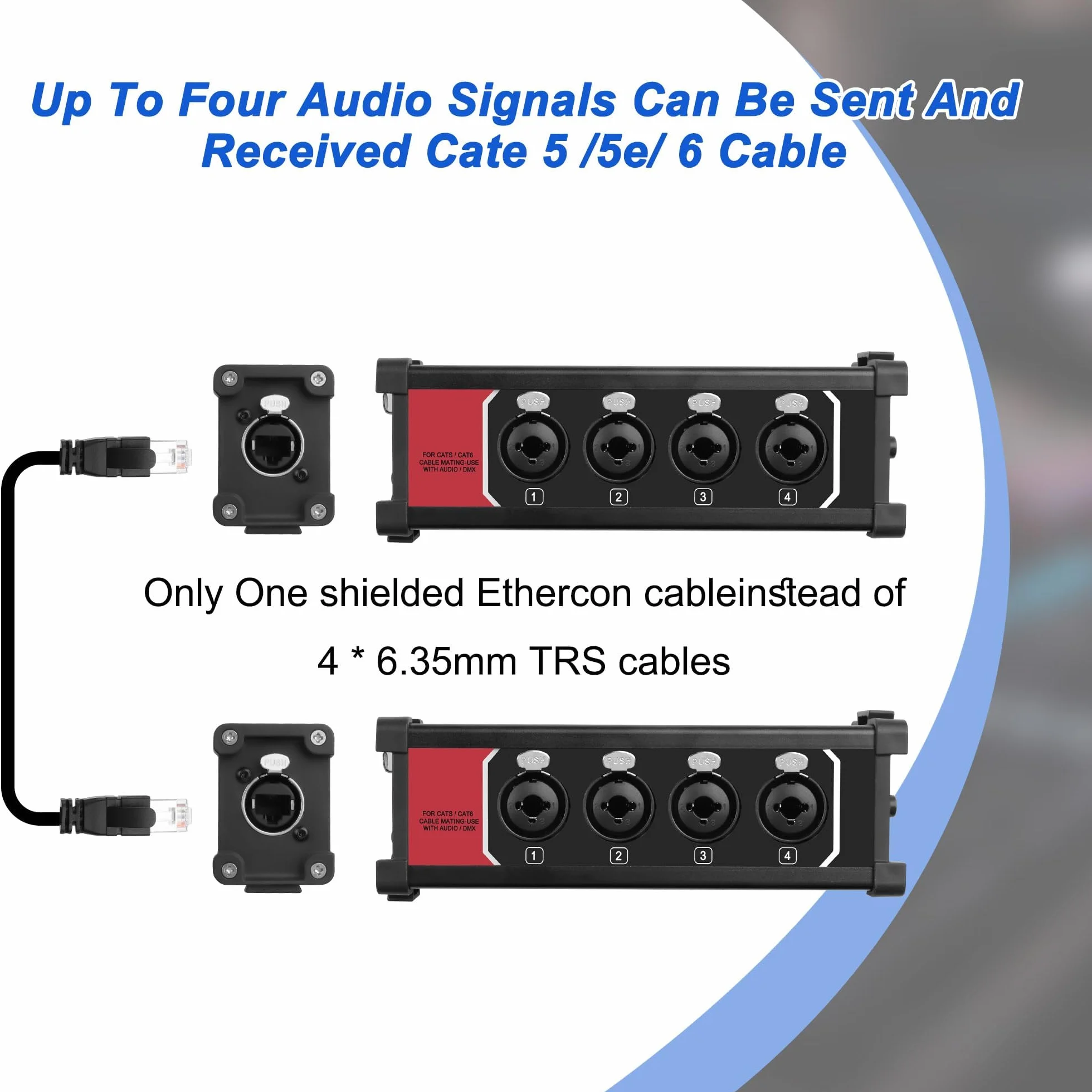 XMSJSIY Caja de serpiente de 4 canales, 4,6,35 mm, 1/4 pulgadas, TRS estéreo hembra a RJ45 Ethercon, extensor hembra a través de Ethernet Cat5/6 para Stage Sound y Grabación Studio (B)