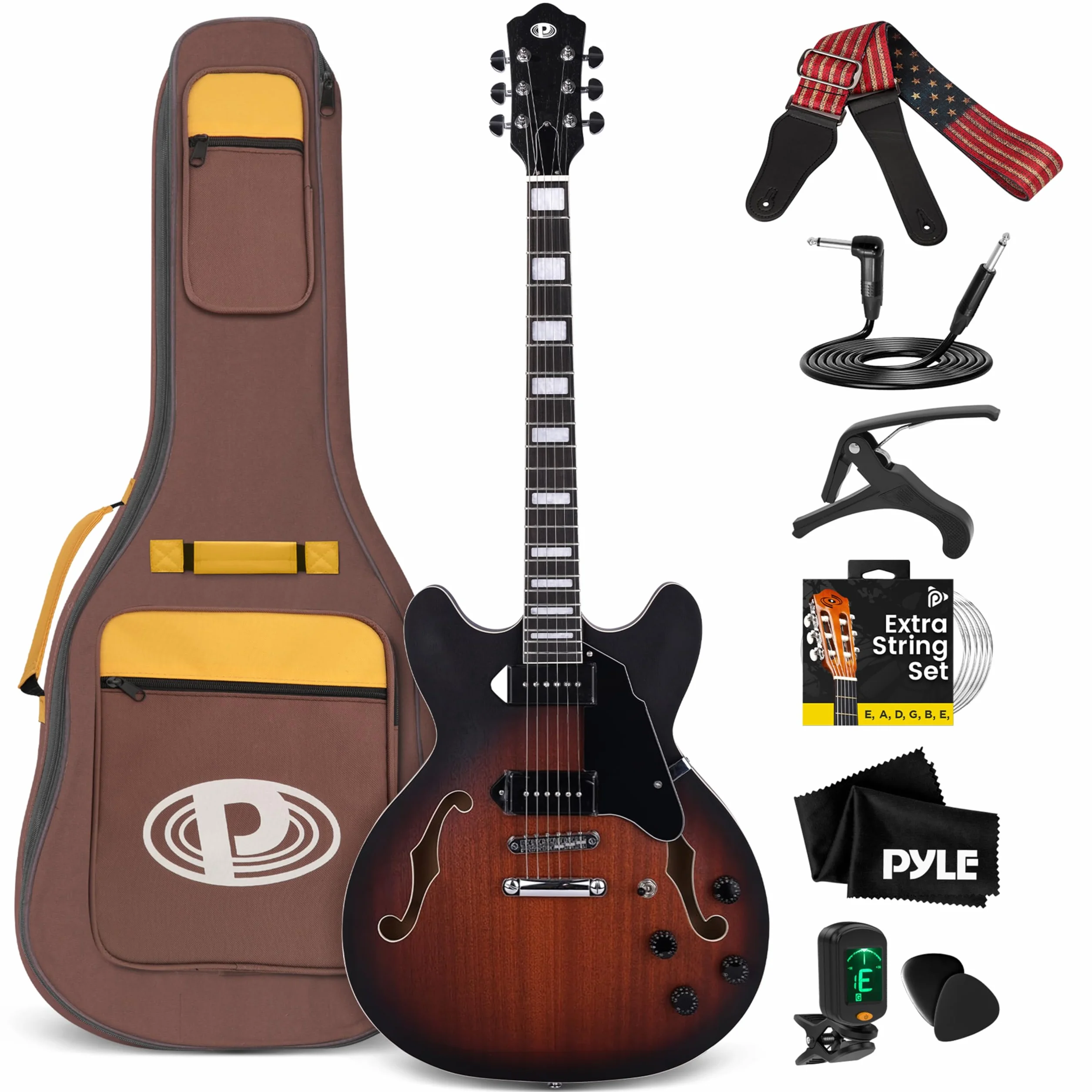 Pyle kit de guitarra electrica de cuerpo semihueco, Tamaño completo, 41.8”, Set de instrumentos de jazz con funda, Acabado mate y Sunburst