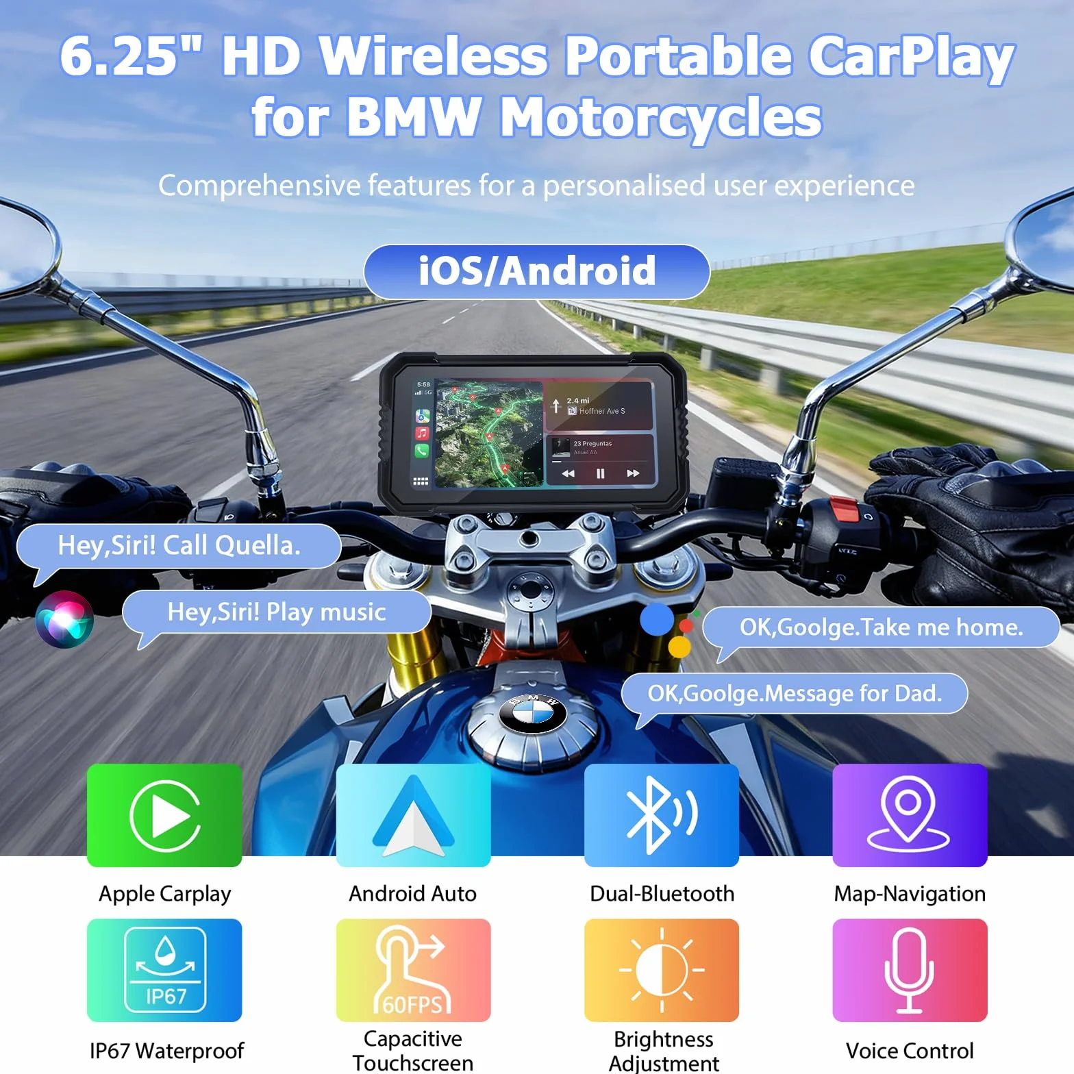 Carplay Pantalla para BMW Motocicletas BMW Inalámbrico CarPlay Android Auto CarPlay Moto con 6,25" Táctil Pantalla Impermeable IP67 Pantalla CarPlay Motos Dual Bluetooth Navi Control Voz MirrorLink