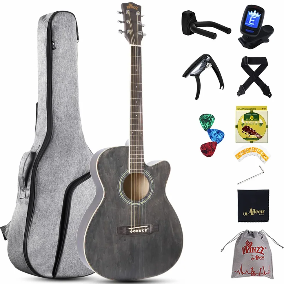 Winzz Guitarra Folk para Niños 36 Pulgadas, Tamaño 3/4 Guitarra Acústica Negro-gris Kit para Principiantes
