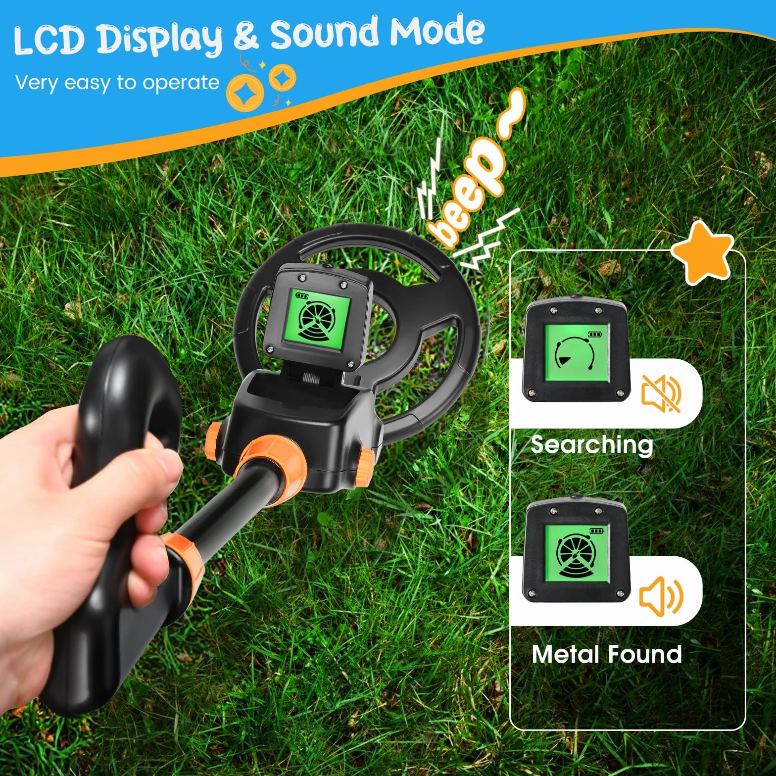 Detector Metales Niños, Ligero Detector de Metales para Niños con Pantalla LCD y Bobina de Búsqueda Impermeable, Metal Detector for Kids de Alta Sensibilidad con Pala, Rastrillo y Bolsa