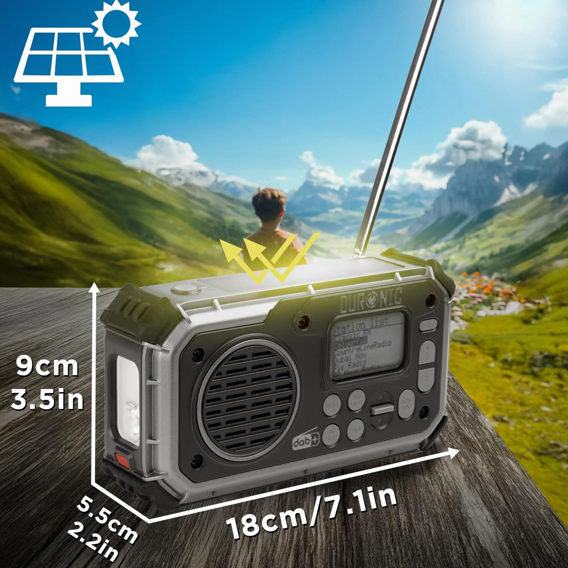 Duronic SDAB1 Radio Solar - Radio Emergencia Solar Dinamo, Radio con Manivela, Radio Dinamo, Linterna Radio Manivela Solar, Radio Supervivencia, Radio a Pilas y Solar Wind Up Radio FM Dab+ Bluetooth