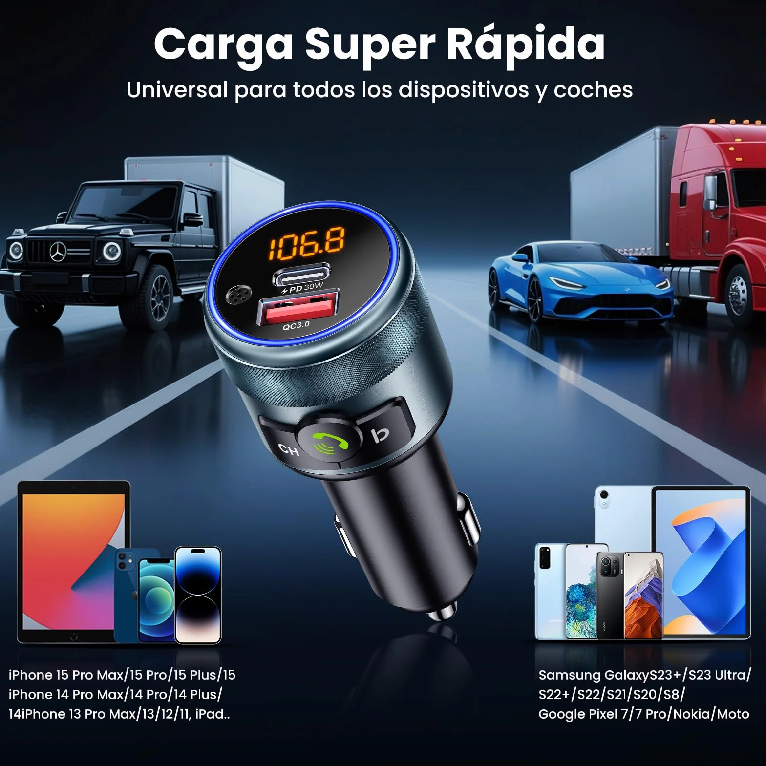 GizmoVine Transmisor FM Bluetooth Coche, Bluetooth 5.3, 48W Carga Rápida Dual (PD 30W + QC3.0 18W), Manos Libres, Refuerzo de Graves, Reproductor MP3, Adaptador Bluetooth Coche Mechero