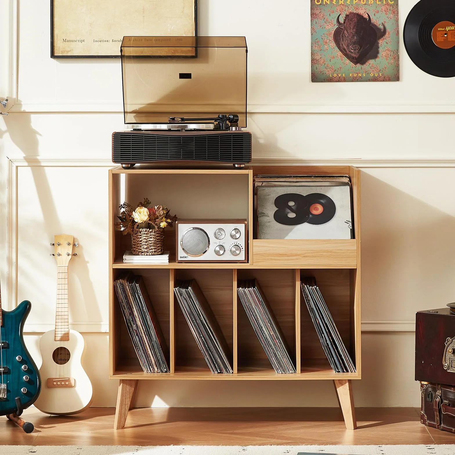 Gran soporte para discos con almacenamiento, soporte para tocadiscos con estante, soporte para discos de vinilo con área de exhibición, soporte para discos para hasta 300 álbumes, estantería para