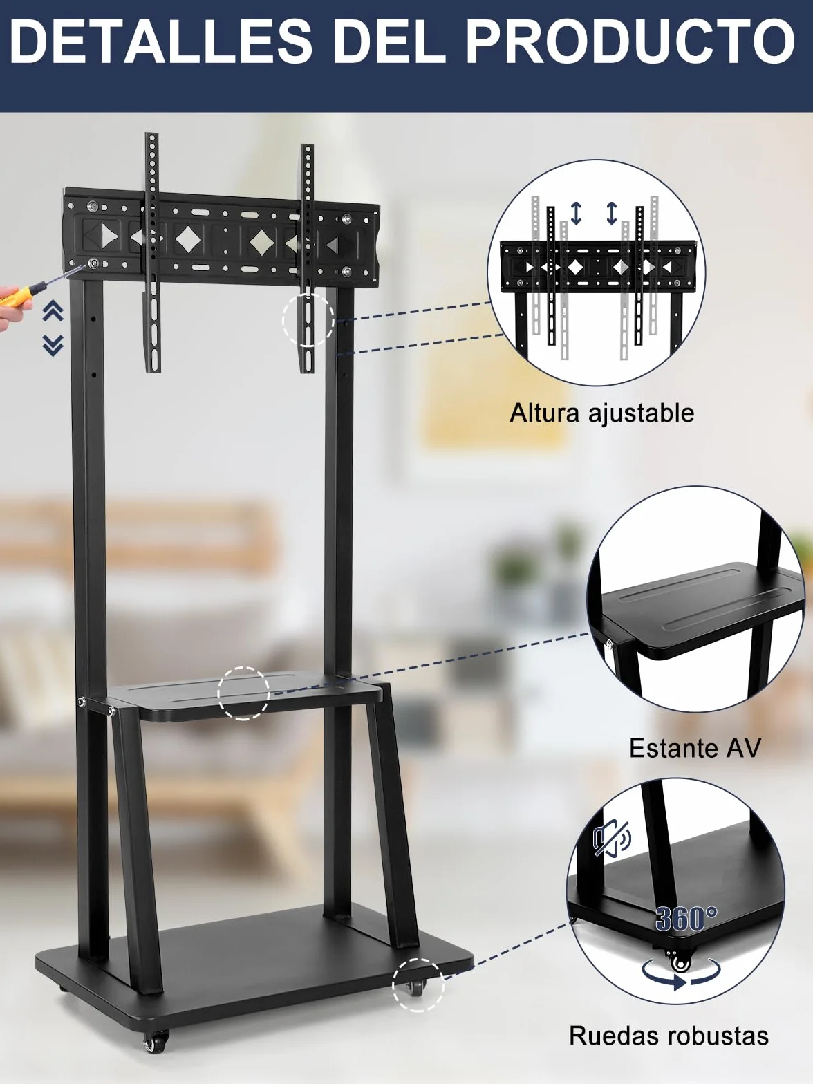 Soporte de TV con Ruedas para móvil Resistente de 32 a 75 Pulgadas Pantallas Planas LCD LED OLED Soporta hasta 45 kg Soporte de TV Portátil con Ruedas con Estante de Altura Ajustable Negro