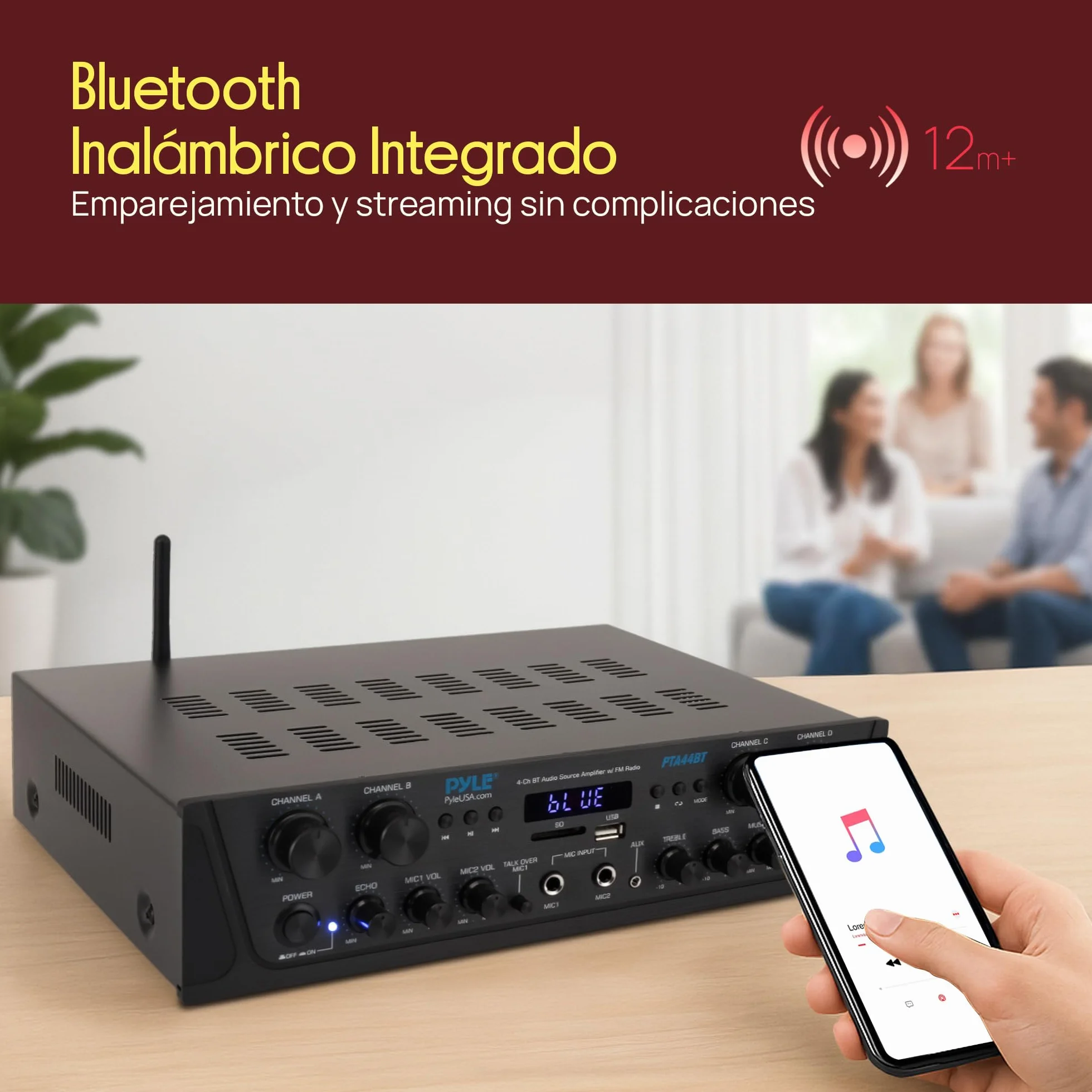 Pyle Amplificador de Audio, Inalambrico, Bluetooth, Estereo, 4 Canales, Entrada de microfono, AUX, Salida del Altavoz del subwoofer RCA, USB, Potencia Maxima de 500W a 4-8 ohmios