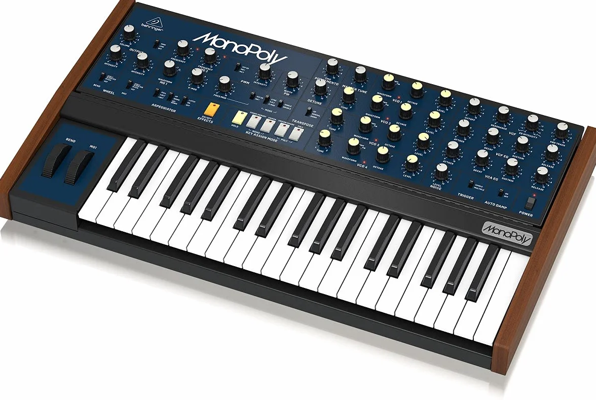 Behringer MONOPOLY Sintetizador polifónico analógico de 4 voces con 37 teclas de tamaño completo, 4 VCO, VCF, 2 LFO, 2 envolventes, sincronización y modulación cruzada y arpegiador