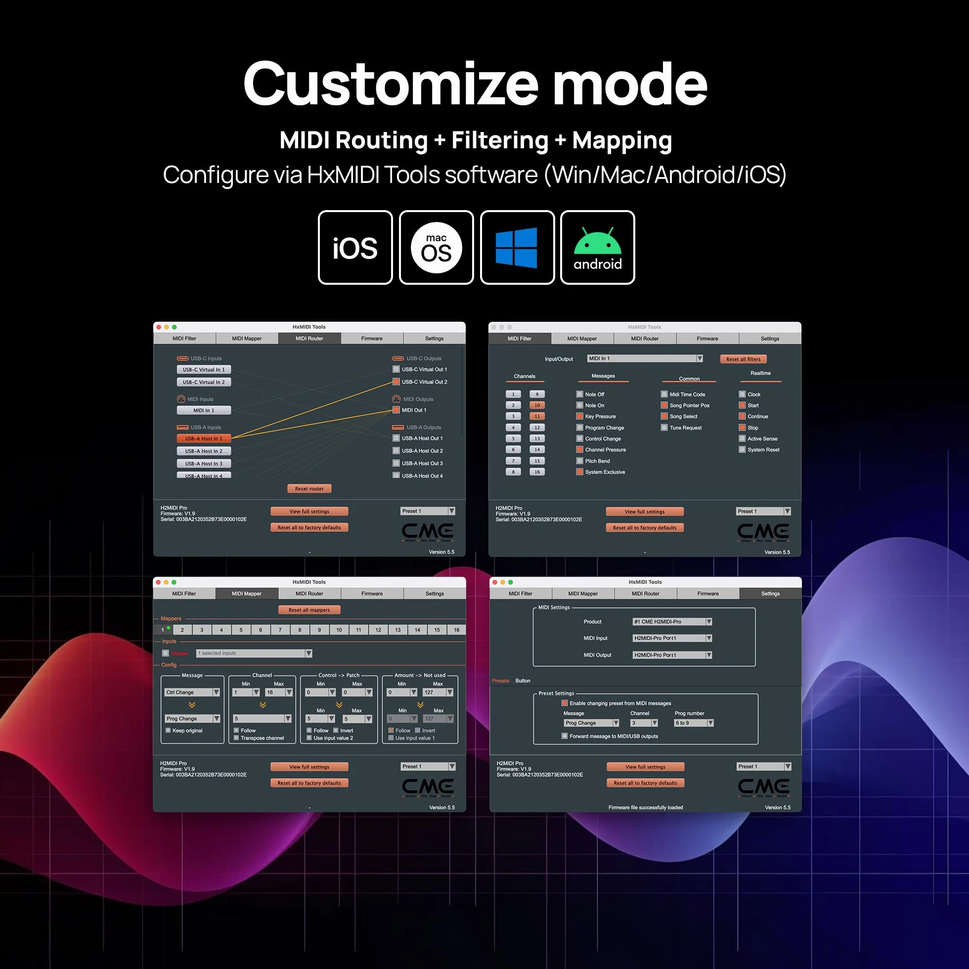 CME H2MIDI Pro - Interfaz MIDI USB Host compacta y versátil con router, filtro, mapper, procesador de 32 bits y doble fuente de alimentación para guitarristas y productores