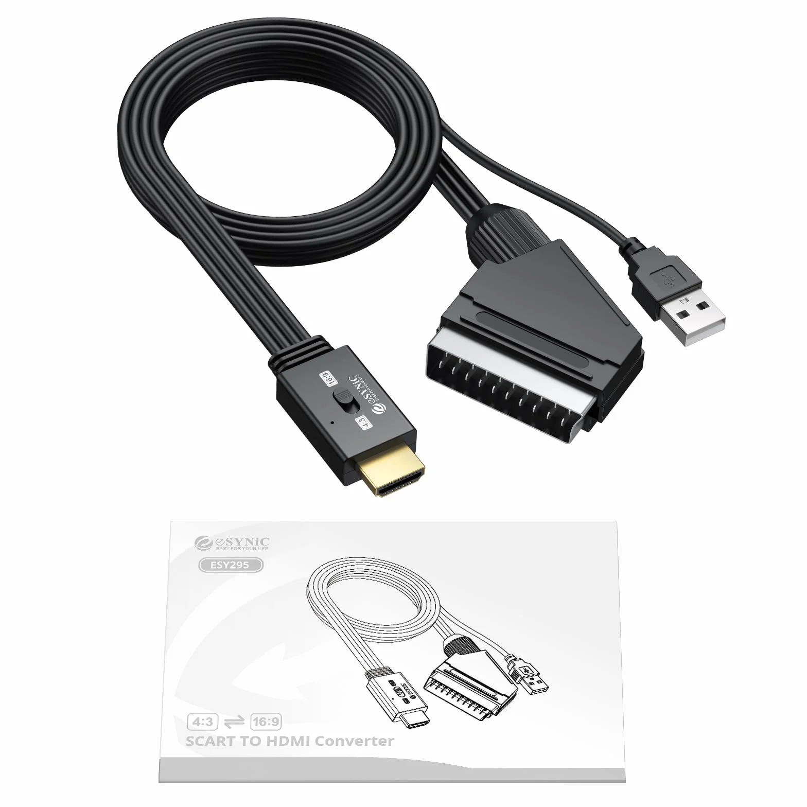 eSynic Convertidor SCART a HDMI 1080P, Conversor Euroconector a HDMI con Cable SCART Integrado 1.5m & Selector 4:3/16:9, Compatible para VCR/DVD/VHS