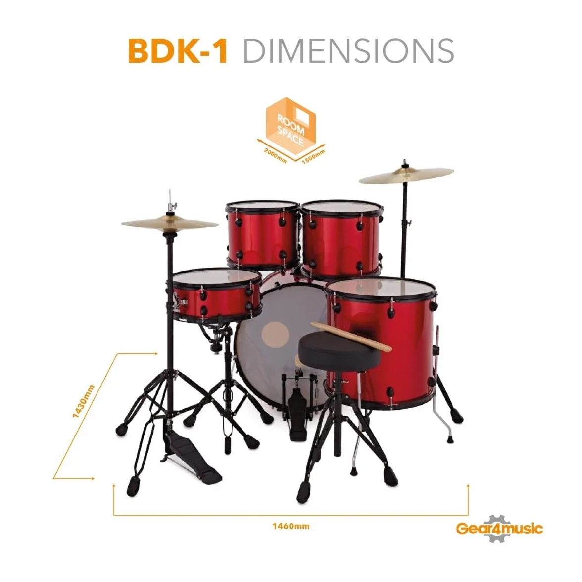 Batería de Principiantes Tamaño Completo BDK-1 de Gear4music Roja