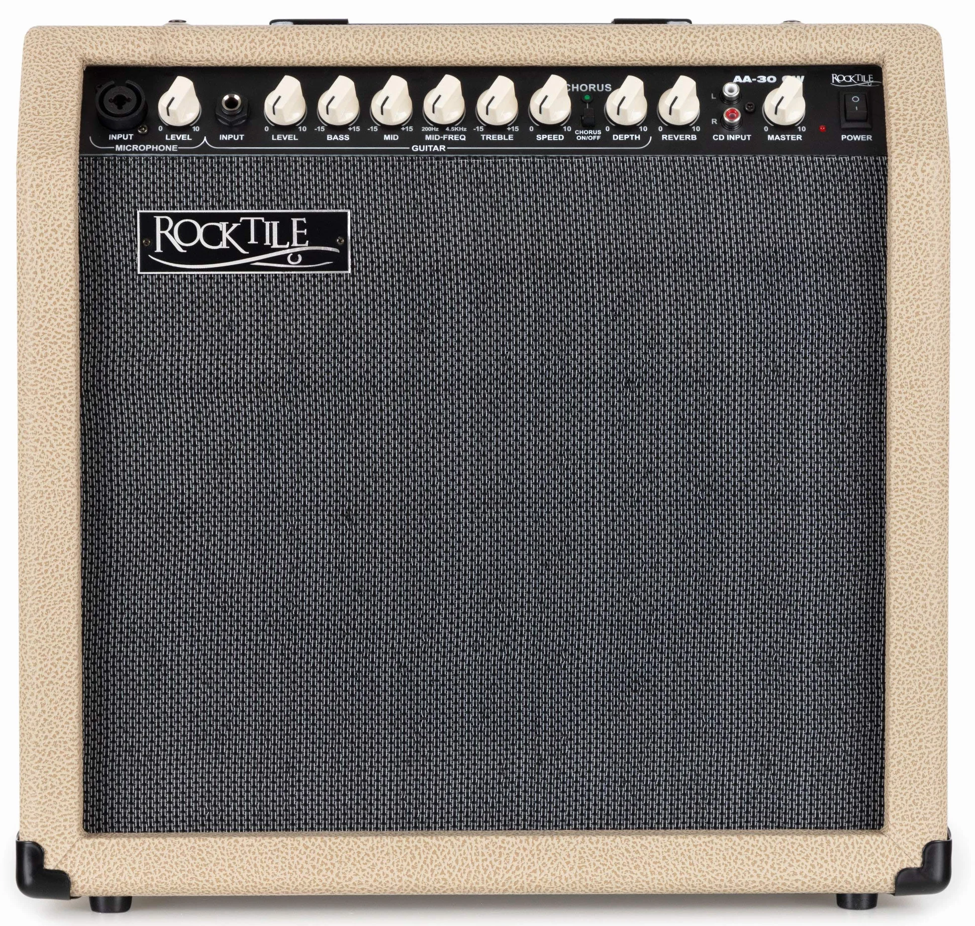 Rocktile AA-30 CW Eric Amplificador Acústico 30W, 2 Canales (Mic y Guitarra), Altavoz 10" + Tweeter 2.5", Entrada AUX, Salida línea, Efectos Chorus y Reverb, Color Crema.