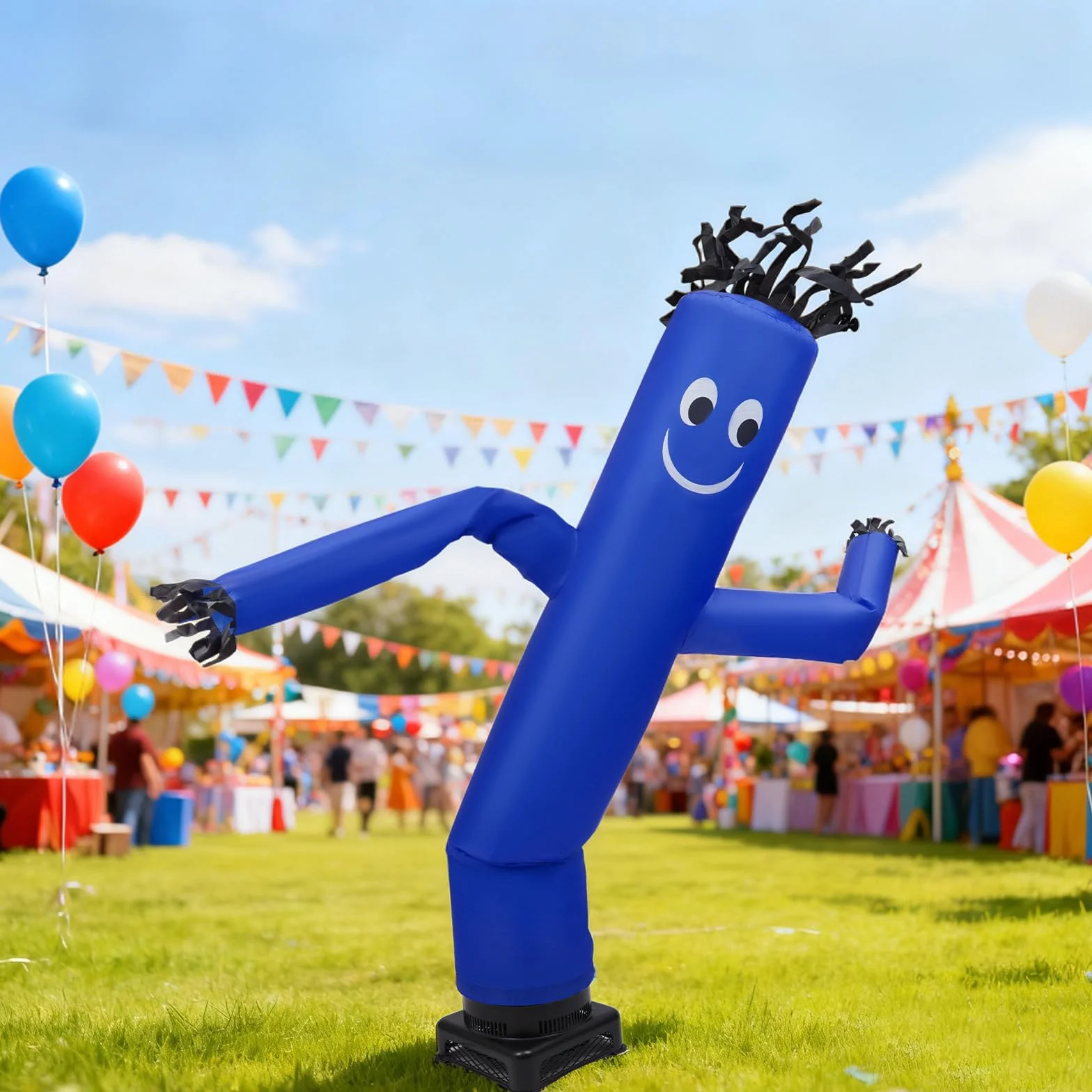 Juego de muñeco de manguera inflable con ventilador de 550 W, 2,1 m, plegable, divertido tubo publicitario (azul, negro)
